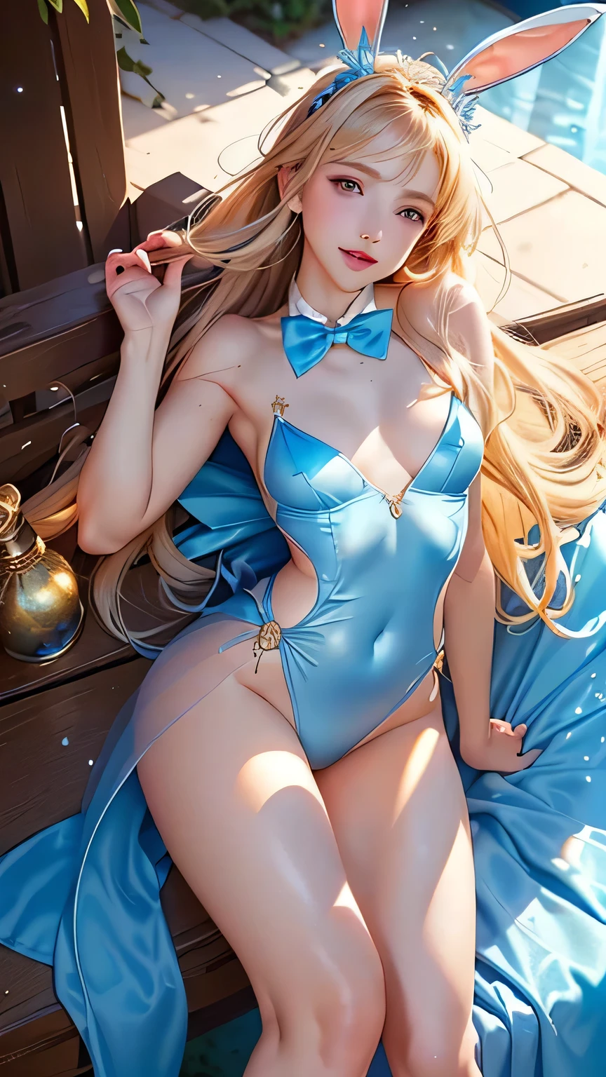 masterpiece, best quality, extremely detailed CG unity 8k wallpaper, (Upper Body head close-up shot of a beautiful little girl), , Elegant Long straight blonde hair, (Mckenna Grace), (flat chest,thighs), (Brown-blue) golden (Glittering tutu,long Bunny Ear Headgear, , Bow-tie, No panties, genitals visible), (spread legs), (Blush), oil skin, (seductive smile), (Wonderland), pretty face, key art, award winning, intricate detail realism hdr, by (ruan jia and artgerm and range murata), Photorealism, Hyperrealism, ultra realistic, dramatic light, intense shadows, gorgeous view, depth of field
 
