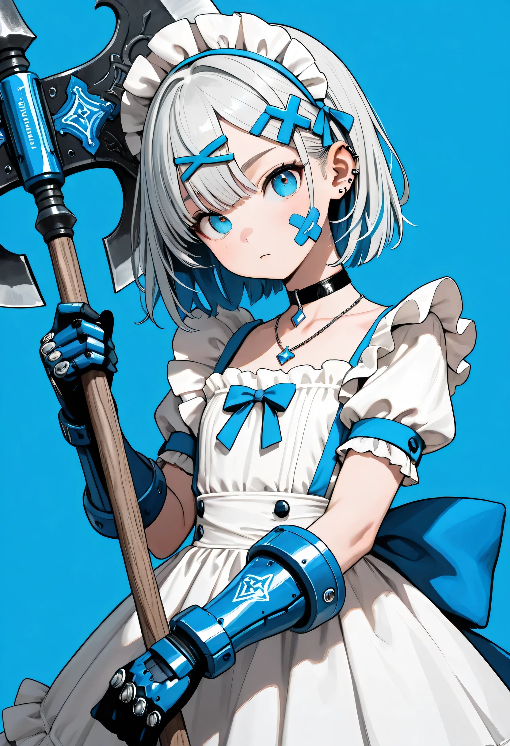  YOUNG BEAUTIFUL GIRL  , Classic Maid Dress 、Giant with Frills, ,(look back、Author),blue eyes, Ultra Huge Blue Rune Axe, Ornate Rune Axe、Blue Rugged Mechanical Gloves, 3 colors,grayscale, Blue Background, MINIMALIST、Detailed線画、best quality、Detailed、greatest masterpiece、hair ornament, hairclip, ear piercing, bandaid on face, ring, choker, necklace