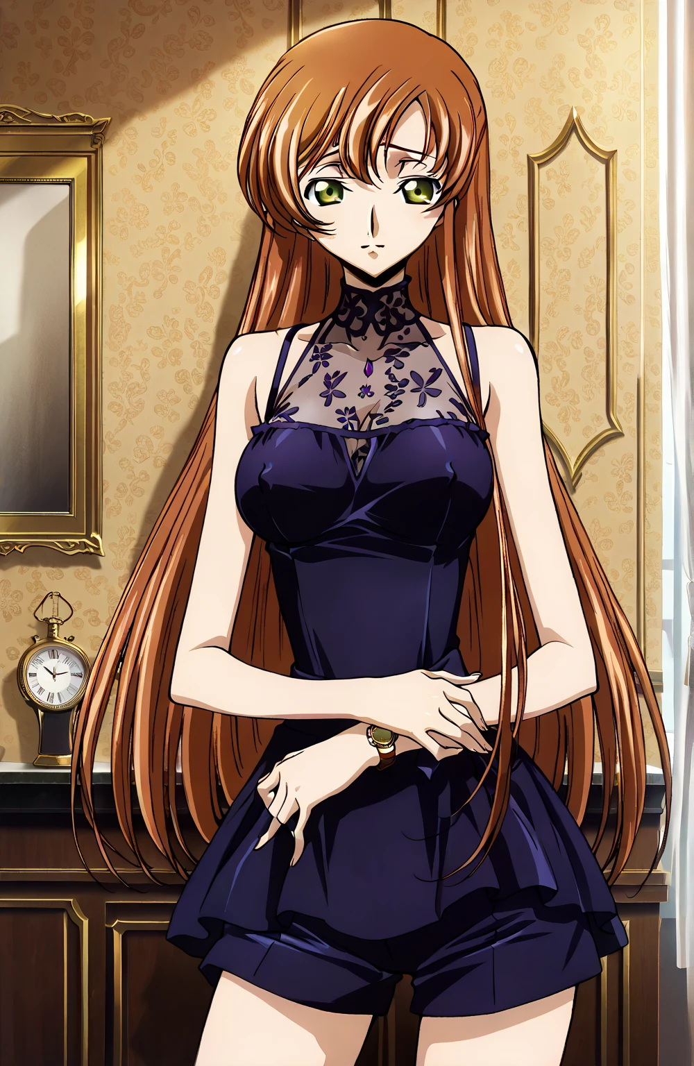 masterpiece,best quality,Official Art,wallpaper,Absard dress, {{detailed}}, (Beautiful faces and eyes with attention to detail are smug ,:1.0),((standing,cowboy shot,Watch Viewers:1.2)),erect nipples with hands、 anime official 、anime color、very detailed backgrounds、beautiful detailed face,detailed texture,詳細な肌,,BREAK 1gir, Code Geass ,source_ Code Geass,Shirley Fenette (Code Geass),shirt,shorts,room