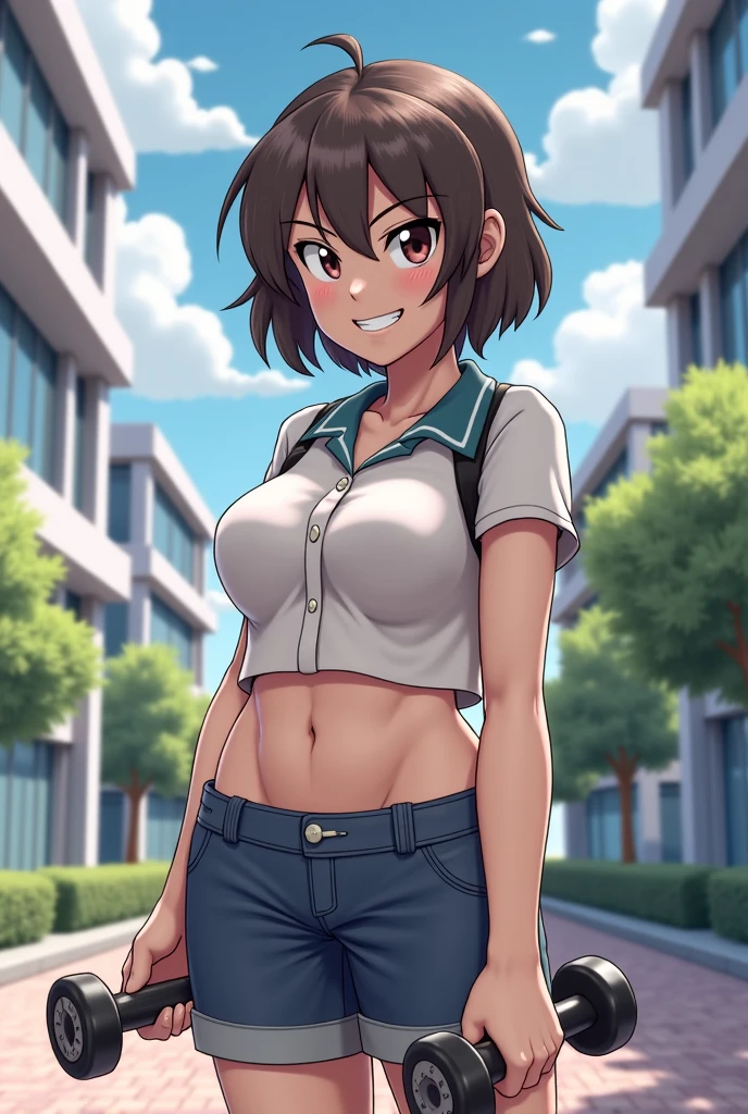(Highres), kira,brown eyes,brown hair,teeth,
black tank top,green shorts,cleavage,no bra,arms up,
standing,upper body,
indoors,room,looking at viewer,smile,
(insanely detailed, masterpiece, best quality),solo,<lora:kirawilliams:0.8>, <lora:add_detail:1> <lora:hairdetailer:0.8>