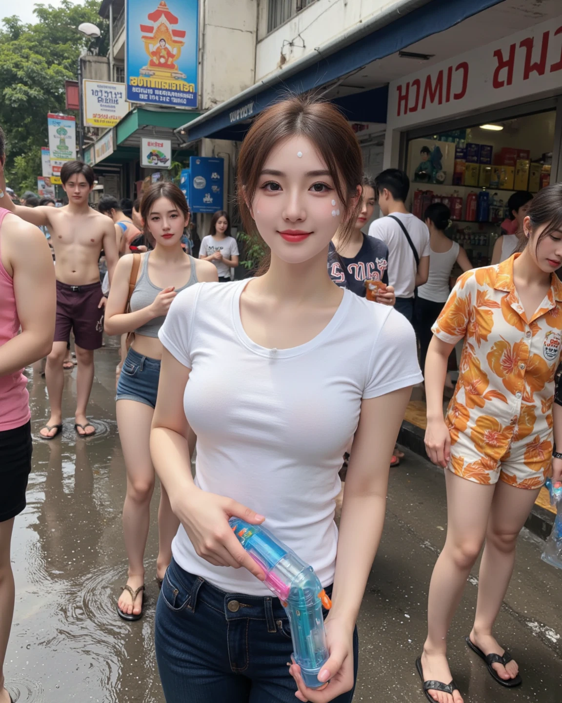 ((1girl)), in naked, pose at Bangkok street, ((songkran festival)), water and foam, water gun, colorful dress, makeup with glossy lip, small breasts, necklace, (naked with many jewelry on her body:1.4), various angle, ((face focus)), 22 years old, Beautiful Korean Girl, ((standing)) pose, (nsfw:1.4)