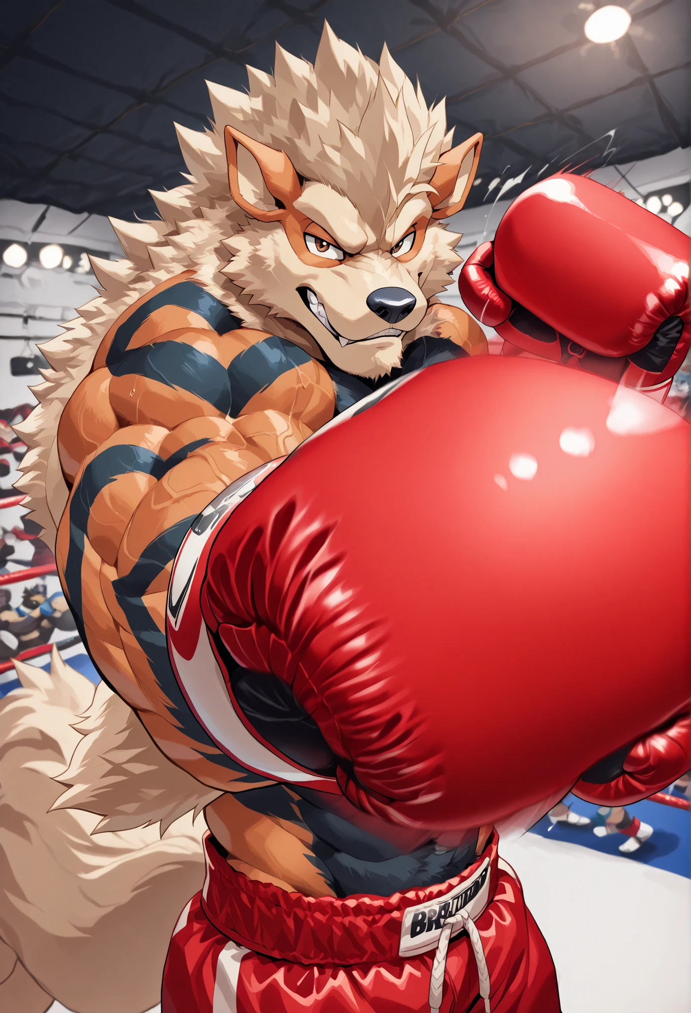 zPDXL3, pov_boxing, mercilessly uppercuting_the_viewer, foreshortening, motion blur, red boxing gloves, red boxing trunks, depth of field, extreme perspective, closeup, action shot, boxing, dynamic uppercuting pose, motion lines, impact lines, mercilessly barrage of uppercuting the viewer, chopped head, boxing ring background, BREAKER Arcanine, heavywait boxing champion, furry male, heavy muscular, veiny muscles, looking at viewer, stern face, serious eyes, large pectorals,
