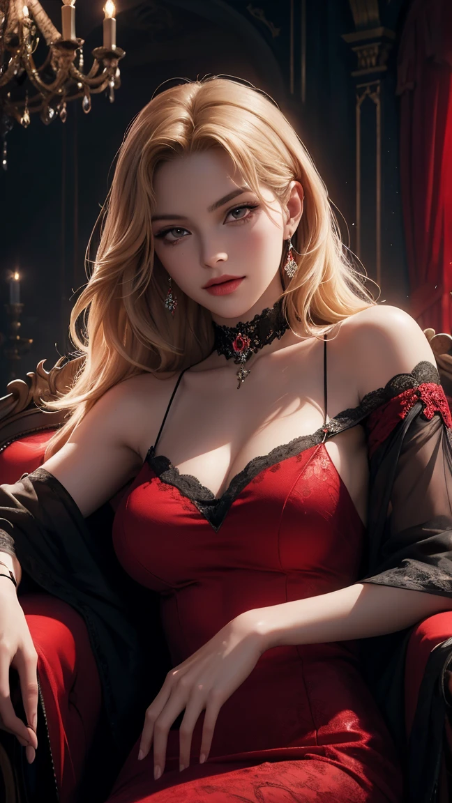 ((最high quality, 8K, masterpiece: 1.3, Ultra HD, high quality, 最high quality, High resolution, realism)) 、(high color saturation:1.0), (highly detailed skin), (最high quality:1.0), (超High resolution:1.0) ,(realistic:1.0), (Super detailed:1.0), (8K, Raw photo:1.1), slender、Slender, muscular body that's toned like an athlete's、I don't want my head to disappear from the screen.、Accessorize your wrist、Wearing red nail polish、I have a peticure、25 year old white woman、platinum blonde、blue eyes、long hair、hair above one eye、smile、Gothic historical building、Sit on a chair on the terrace in the courtyard、The table is decorated with a basket of fruit and cups of drinks.、Wear an off-shoulder bodycon dress、Wear high heelansion garden、Blooming profusely、The ground in the courtyard is grass、Surrounded by a hedge、Blue sky beautiful、It's early summer、The wind is pleasant