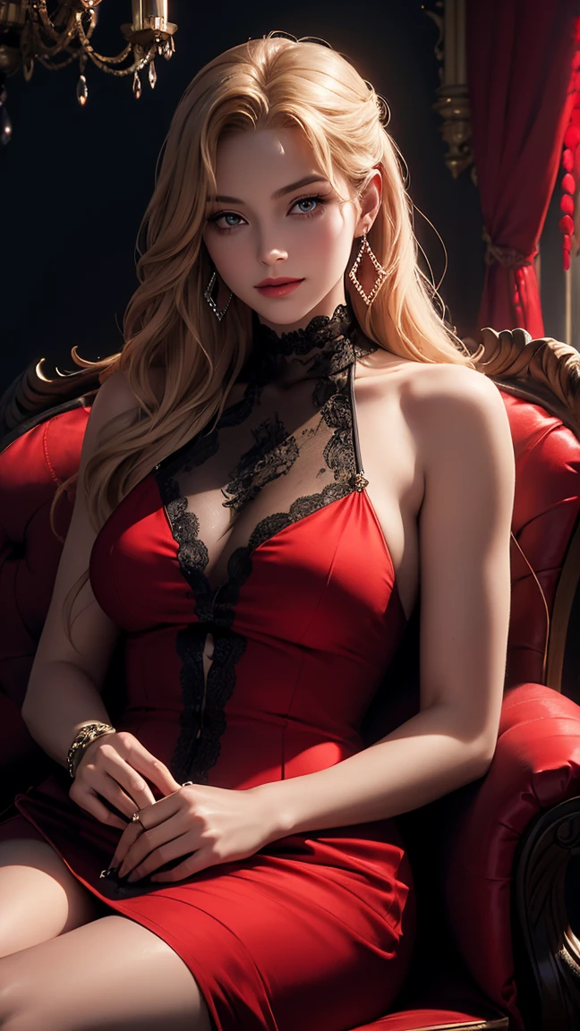 1 vampire girl, a 20 years old vampire girl; 165 cm height; white hair, side-swept hair, flowing down, over one eye, ear-tucked, messy hair. European girl, hot model, red evil eyes. realistic skin, slim body shape, cleavage, extremely detailed hair, delicate sexy face, gaze, shiny lips. ((elegant gothic-inspired tight gown that features red colors)). corset-like accessory that envelops her waist. Downturned eyes. Red tight gown, a bat wing shape choker covers her neck and collarbone. sleeveless. long gloves. (Masterpiece, best quality, photorealistic, photography), indoor, royal, ((realistic, super realistic, realism, realistic detail)).