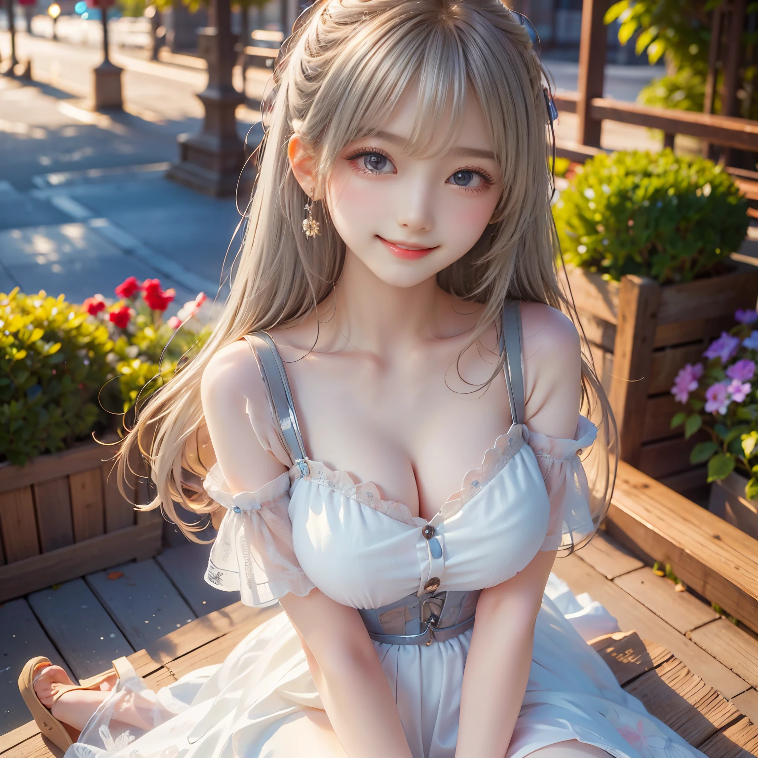 ((masterpiece, Highest quality)),One girl, alone, animal ears, Rabbit, barefoot, skirt, Sitting, Rabbit ears, Short sleeve, (teasing, shy, blush: 1.3), Looking at the audience, Grass, short hair, Gray Hair, Puff sleeves, Outdoor, fluffy Short sleeve, bangs, On the ground, whole body, animal, White Dress, sunlight, Brown eyes, mottled sunlight, Daytime,