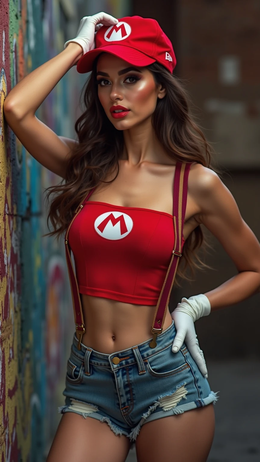 Jane, a sexually alluring and confident woman, adorned as the titular character from the iconic video game series Mario. Her attire perfectly replicates Mario's traditional red and blue overalls, complete with yellow buttons and white piping. However, Jane's version daringly reveals her ample cleavage and toned abs, emphasizing her feminine curves. Her hair is styled in Mario's signature spiky fashion, albeit with a more voluminous and seductive flair. A jaunty red cap sits atop her head, adding the final touch to her enchanting appearance.