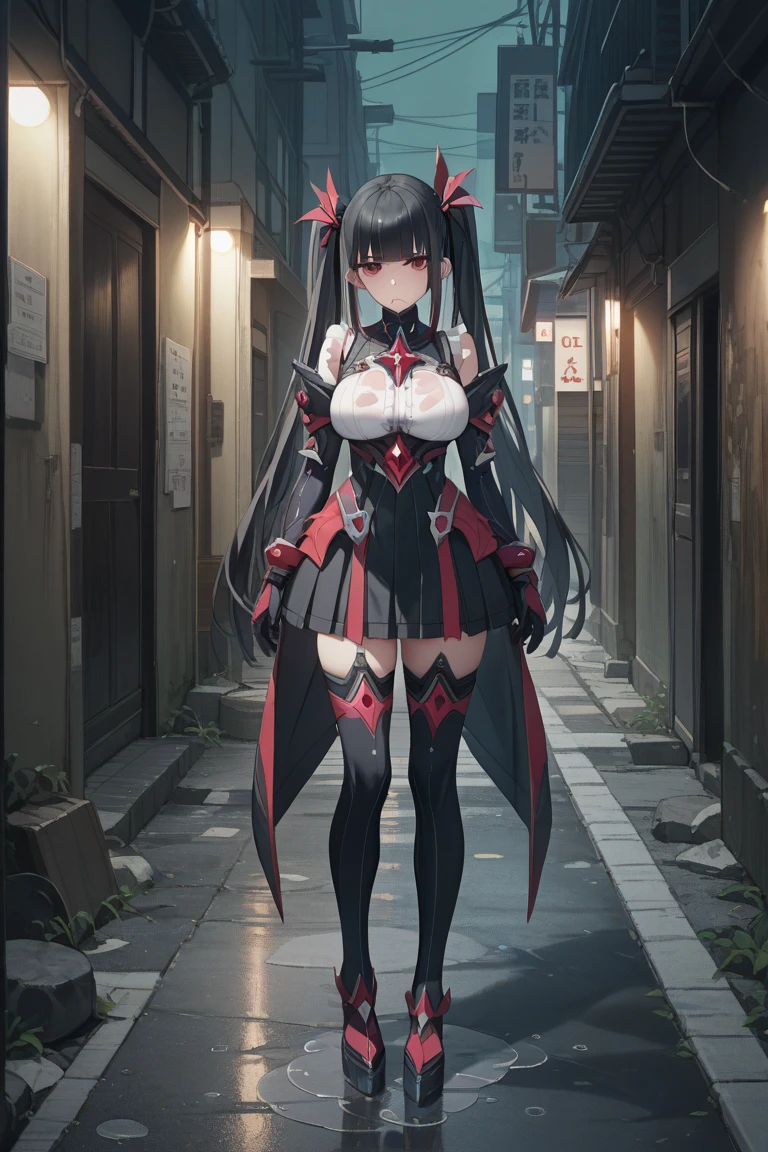 professional artwork, Intricate Details, field of view, sharp focus, detailed painting, photorealistic lighting, trending on pixiv, Standing at attention, black outfit ,yellow collared shirt,black and red bodysuit,skin_tight,black legwear, black pantyhose, Side_boob, black hair,very long hair, Bangs,yellow eyes,makeup, lipstick, 20yo,mature female,Beautiful Finger,Beautiful long legs,Beautiful body,Beautiful Nose,Beautiful character design, perfect eyes, perfect face, looking at viewer,official art,extremely detailed CG unreal engine 8k wallpaper, perfect lighting,Colorful, Bright_Front_face_Lighting, (masterpiece:1.0),(best_quality:1.0), ultra high res,4K,ultra-detailed, photography, 8K, HDR, highres, absurdres:1.2, Kodak portra 400, film grain, blurry background, (Beautiful,large_Breasts:1.4), (beautiful_face:1.5),(narrow_waist), (solo:1.4), ((landscape dimension)), rich detailed makeup, rich detailed eyeshadow, rich detailed lips, rich detailed lipstick, beautiful detail eyes