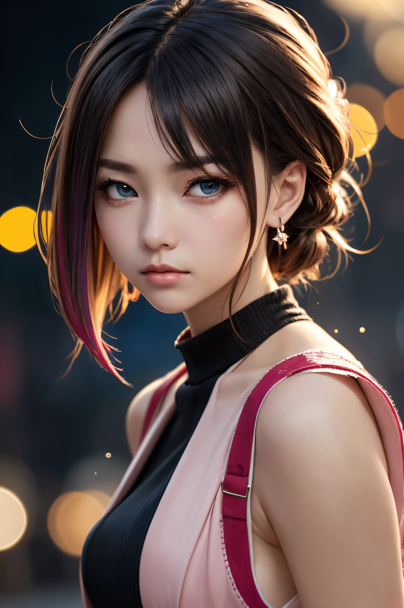 master piece,ultra detailed,(best quality, masterpiece, colorful, Dynamic Angle, highest  details)   upper body picture,  cute fashion photos, dark short pink , (超high resolutionテクスチャ), dynamic pose, Bokeh, high school girl (複雑なdetails, hyper details:1.15),  details,A strange gaze staring at the man I like that suddenly appears、I'm opening my mouth a little、eyes are slightly closed、watery eyes、Things don't come to mind, Perfect night  , Fantasy Backgrounds, (Official Art, extreme  details, highest  details), high resolution+ Bad move - 5