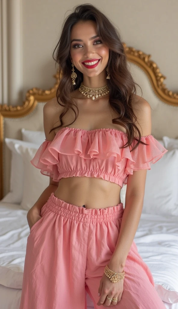 Sexy woman in a chiffon off-shoulder bustier, paired with an elegant skirt, closed eyes, open mouth, blushing very hard, smiling, sweating, looking up, moaning, pleasure