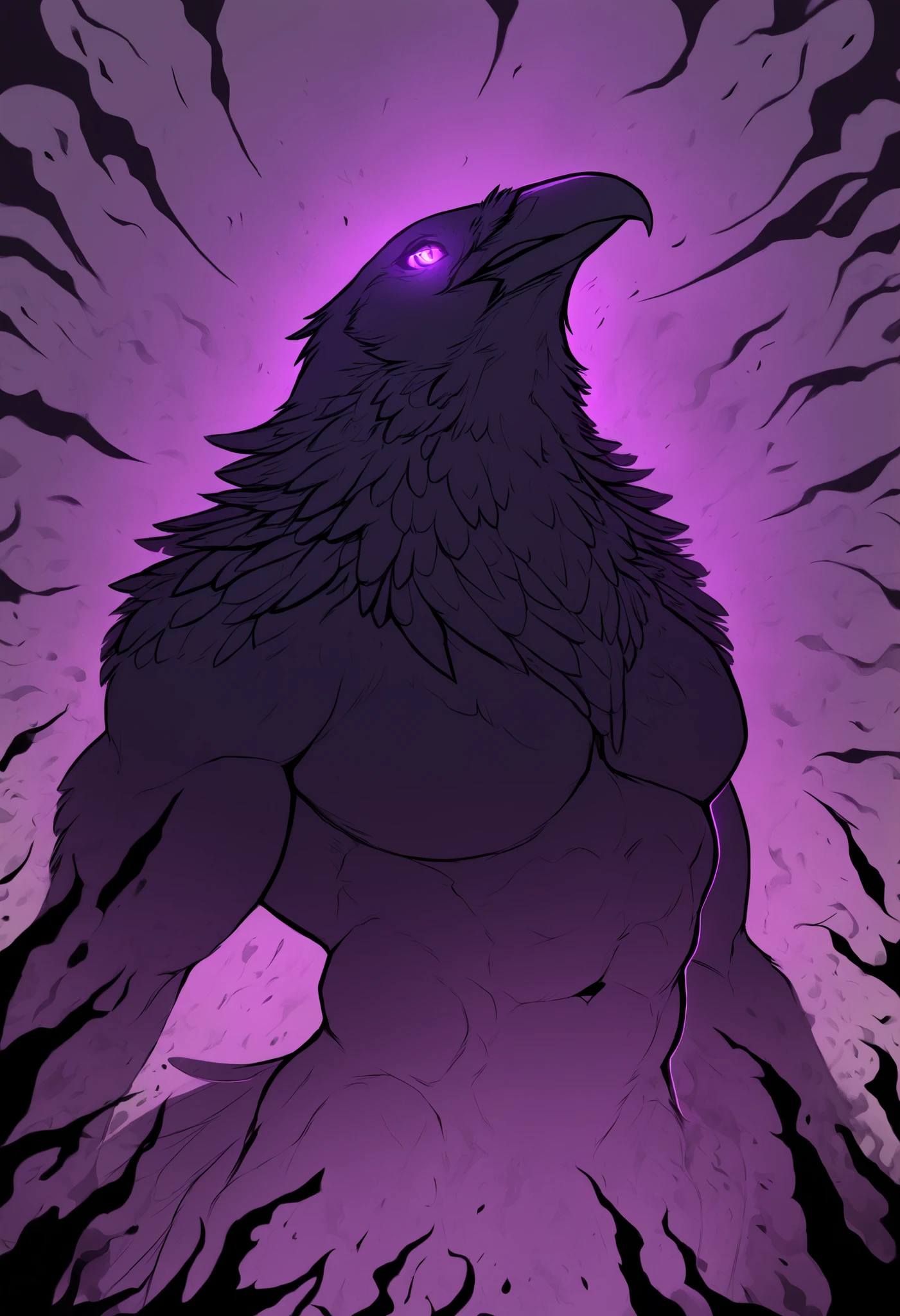 Solo, furry, male, raven, demon, lush black feathers, glowing eyes, purple eyes, huge physique, dispersing into black mist, detailed, hi_res, flat color