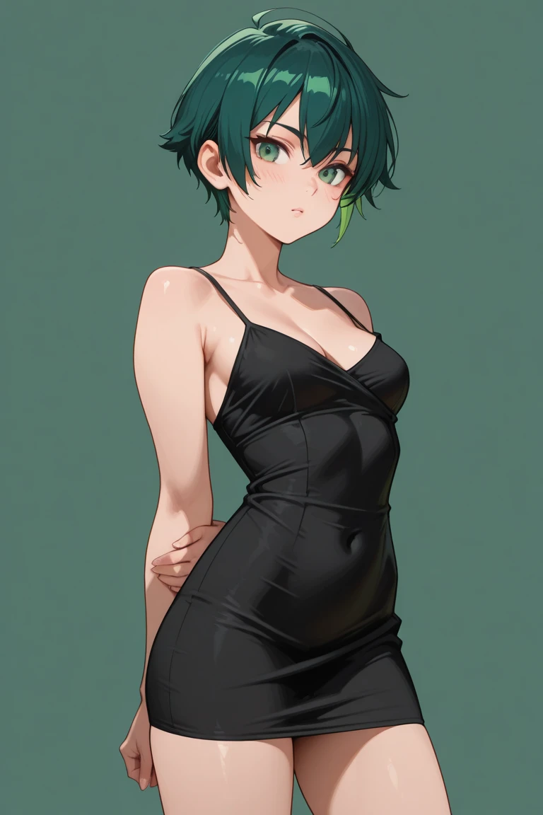 a short woman with a slim but very sexy figure and a youthful face. Her hair is emerald green, shoulder length, tousled, Black dress tight to the body