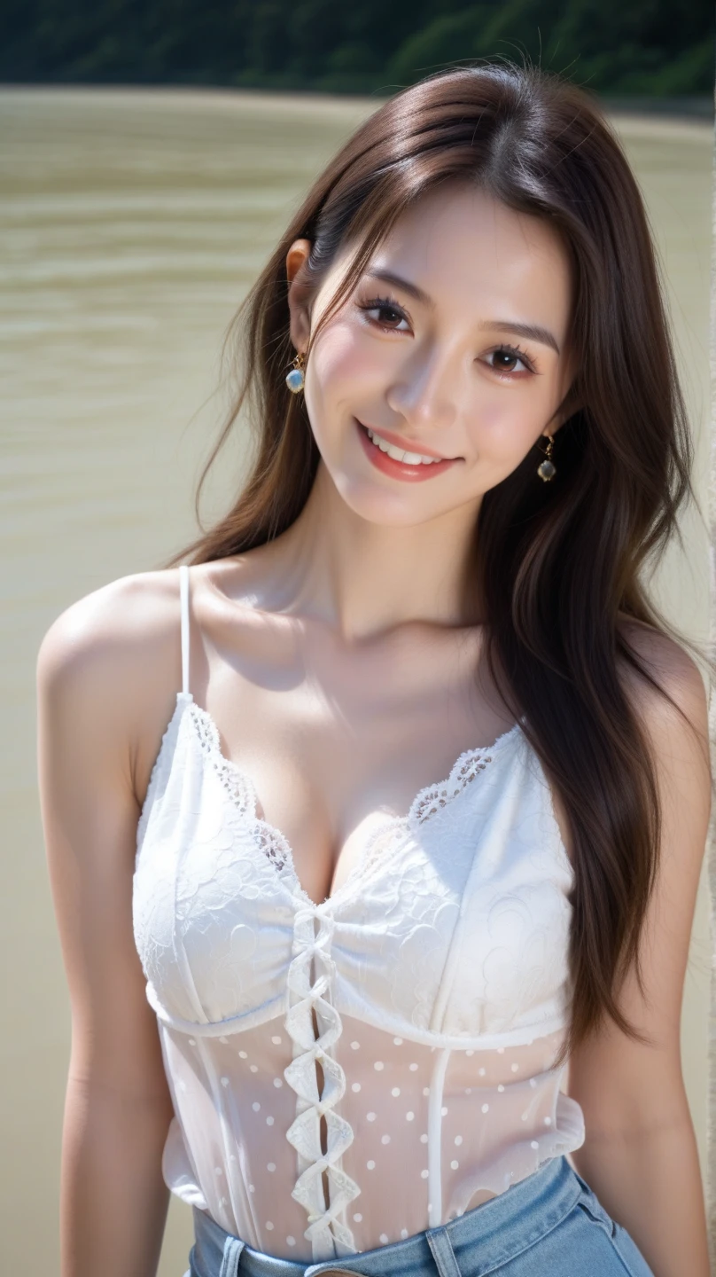 ((Highest quality, 8k, masterpiece: 1.3)), sharp: 1.2, Perfect Body Beauty: 1.6, ((Layered Hairstyles, Small breasts: 2.0)), (white lace dress: 2.0, Off-the-shoulder dress: 2.0, Dresses with visible breasts: 2.0), ((long hair: 2.0)), ((necklace)), Earrings, ring, Bracelet, Hair Accessories, ((Beautiful young teenager woman)), ((Straight nose)), (Eyeliner), Armpit Hair, Bristles, ((White and beautiful skin)), Wavy Hair, Beautiful attention to detail, Super detailed, Highly detailed face and skin texture, fine grain, double eyelid, Black Hair, Big Ass, Lower Body, Thighs, (((Skinny))), Wet and shiny lips, smile, Get a grip on your body, ((Anatomically correct human body)), ((Crisp body shape)), Ribs, clavicle, Protruding skeleton, A face without nasolabial folds, Shyness, Thin eyebrows, Big eyes, (shoot from side: 1.0), (Narrow shoulders: 2.0), (Smile: 1.0), (A dress that exposes the upper half of the chest: 2.0)