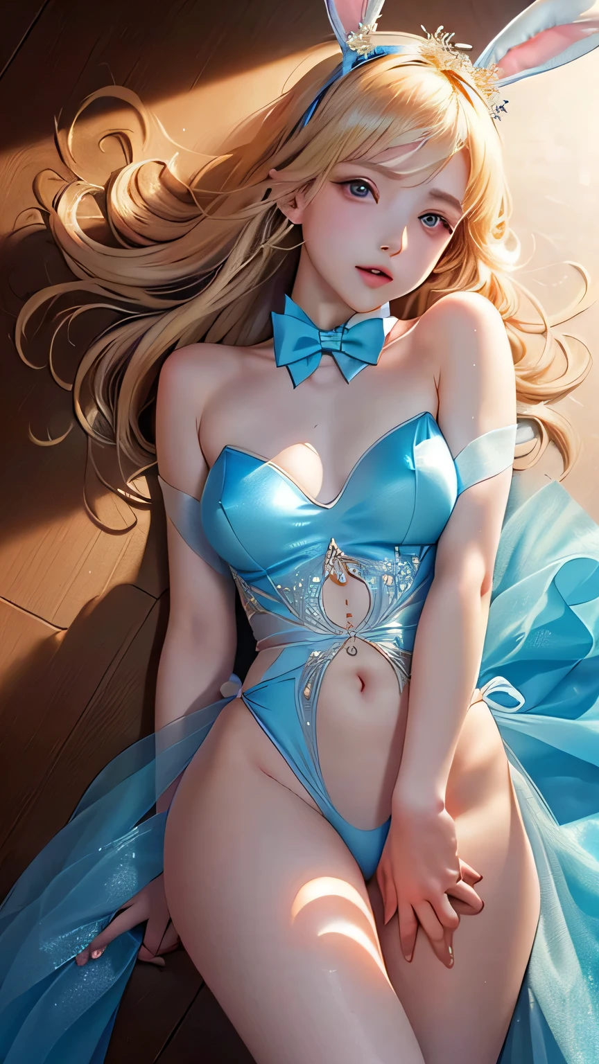 masterpiece, best quality, extremely detailed CG unity 8k wallpaper,((Upper Body)) ,((Upper Body head close-up shot of a beautiful )), , Elegant Long straight blonde hair, (Mckenna Grace), ((flat chest,thighs,)), (sliver-blue) golden (Glittering tutu,long Bunny Ear Headgear, , Bow-tie, No panties, genitals visible), ((spread legs)),(), (Blush),, (seductive smile), (Underwater World), pretty face, key art, award winning, intricate detail realism hdr, by (ruan jia and artgerm and range murata), Photorealism, Hyperrealism, ultra realistic, dramatic light, intense shadows, gorgeous view, depth of field