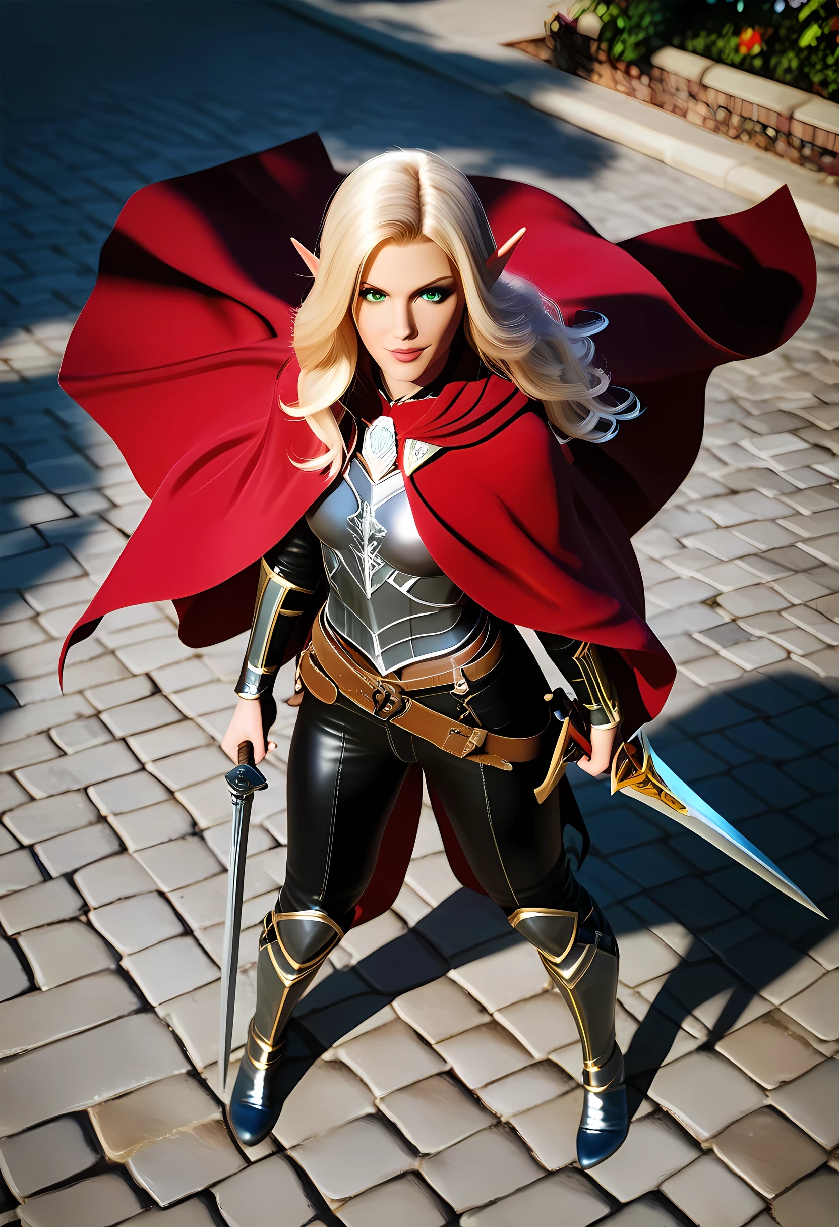 a black and white 1940s snapshot picture of a female elf, fantasy swashbuckler, fantasy fencer, armed with a slim sword, metallic shine, colorful clothes, full body, epic beautiful female elf, blond hair, long hair, billowing hair, small pointed ears, wearing  cloak, long cloak, (red cloak: 1.3) wearing elven leather armor, sense of daring, sense of adventure fantasy street, high details, best quality, 16k, [ultra detailed], masterpiece, best quality, (extremely detailed), dynamic angle, ultra wide shot, photorealistic, RAW, fantasy art, realistic art,((best quality)), ((masterpiece)), (detailed), perfect face, fantasy, light and shadows by reij-shdwgms