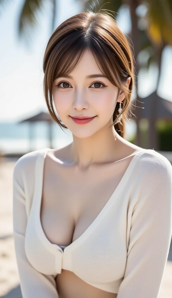 Body portrait, 8K, thin and beautiful eyes, Dindal effect, masterpiece, top quality, high quality, high resolution, very detailed photo, (natural skin texture, fine skin, hyper realism, super sharpness), high detail skin, (very fine, fine skin texture, intricate details, beautiful face, (realistic face), realistic eyes, beautifully detailed eyes, realistic skin, beautiful skin, surreal, very detailed Golden ratio, smiling eyes, ((night moonlight background) )), body portrait, G cup, big breasts, huge breasts, big breasts, glamorous, sexy knit dress,