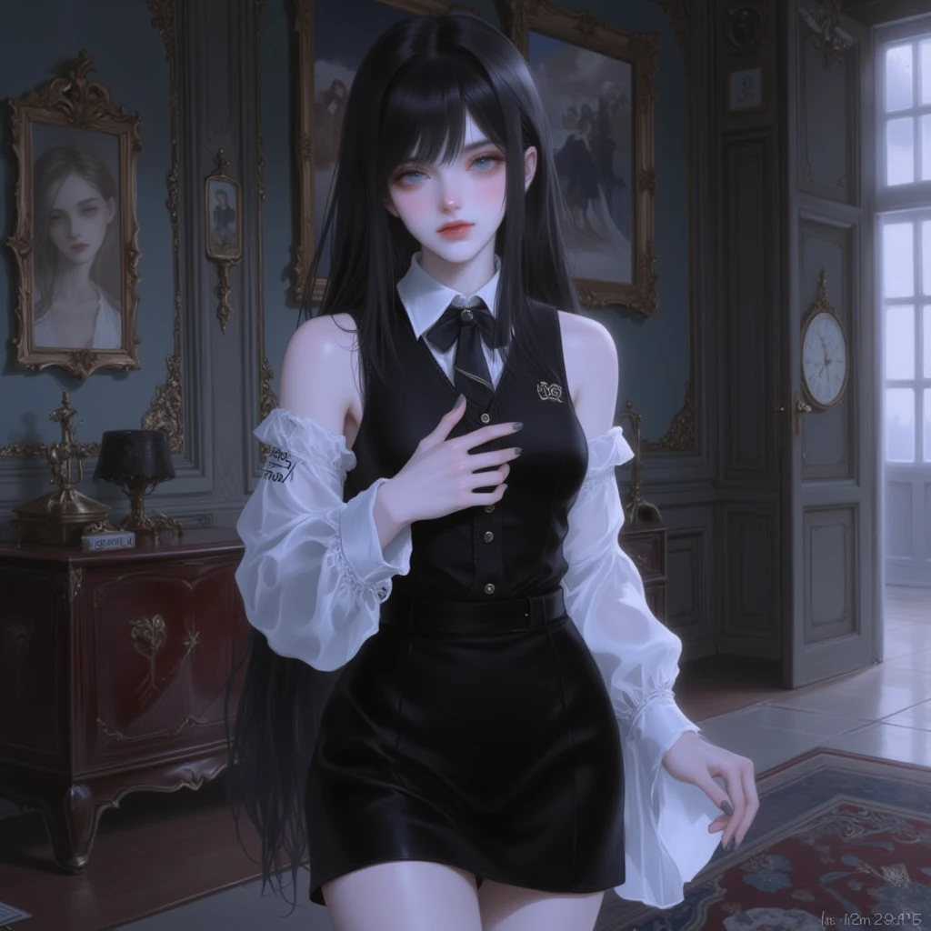 (best quality: 1.2), clean face, (masterpiece: 1.2, 8k) perfect anatomy, 1 girl) a beautiful fashion model ,(masterpiece, official art, best quality shiny hair, straight black hair with streaks in hair, full lips, small breasts, blazer school uniform, short skirt, thong straps, (dark makeup, piercings), shiny breasts,shiny skin, looking at viewer, college studentn, horizontal, lounging, a single girl, scene haircut, dark makeup, dark gray eyes, (slender, skinny, slight frame, small breasts), ((emo, scene))