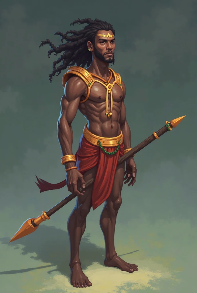 A wide shot, full-length portrait, centered, of "Create a stunning, high-resolution, photorealistic artwork of a muloto, with a a fierce pirate's eye, his right eye gleams like a mystical miracle star. Capture intricate details and make it a trending masterpiece on artStation, his base skin tone is Antique Brass dark tone skinned, rastafarian man with a long beard, and a long crook blade staff enfluenced by shepherds crook staff in his hand that is longer than his body, dreadlock hair, dravidian rastafarian half breed, cryptoShepherd as barbarian, conan, picture of an adult male warrior, male warrior, egyptian samuri warrior, male barbarian, barbarian warrior, barbarian, tarzan, hybrid from dynasty warriror, barbarian class, cloaked upper body, ancient crook staff in hand, "In the annals of time, a muloto dravidian egyptian samuri dreadlocked warrior of immense strength stands out, draped in ornate platinum, silver and gold attire, illuminated blue diamond belt jewel centered, that reflects his status as a true champion. Describe his untamed, wet appearance after a fierce clash, his wild long dreaklocked hair, his unmistakably furious expression, and the aura of heroism that surrounds his commanding stance."trend at CGSociety, Intricate, High Detail, Sharp Focus, Dramatic and Photorealistic Painting Art by Midjourney and Greg Rutkowski as he shepherds the lost, legs revealed from thighs to feet, cascading long dreadlocks influenced by Thomas Sackmann of artstation, Ripped hero, intricate muscular details, photorealistic artwork, 4K resolut in which the face and its expressions are predominant, the intent is to display the likeness, personality, and even the mood of Madame Tusssaud influenced replica of this isometric manga pen base concept art converted to PIXI DOT of ARTSTATION influenced blender 3D model using photo realism as template and having a granular evolution to pure graphics, dreadlocks influenced by Tomas Sackmann of ARTSTATION, in high quality rendering