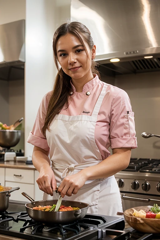 RAW, realistic photo of a latin girl, pizza chef, restaurant, shy, innocent, smile, dark room,