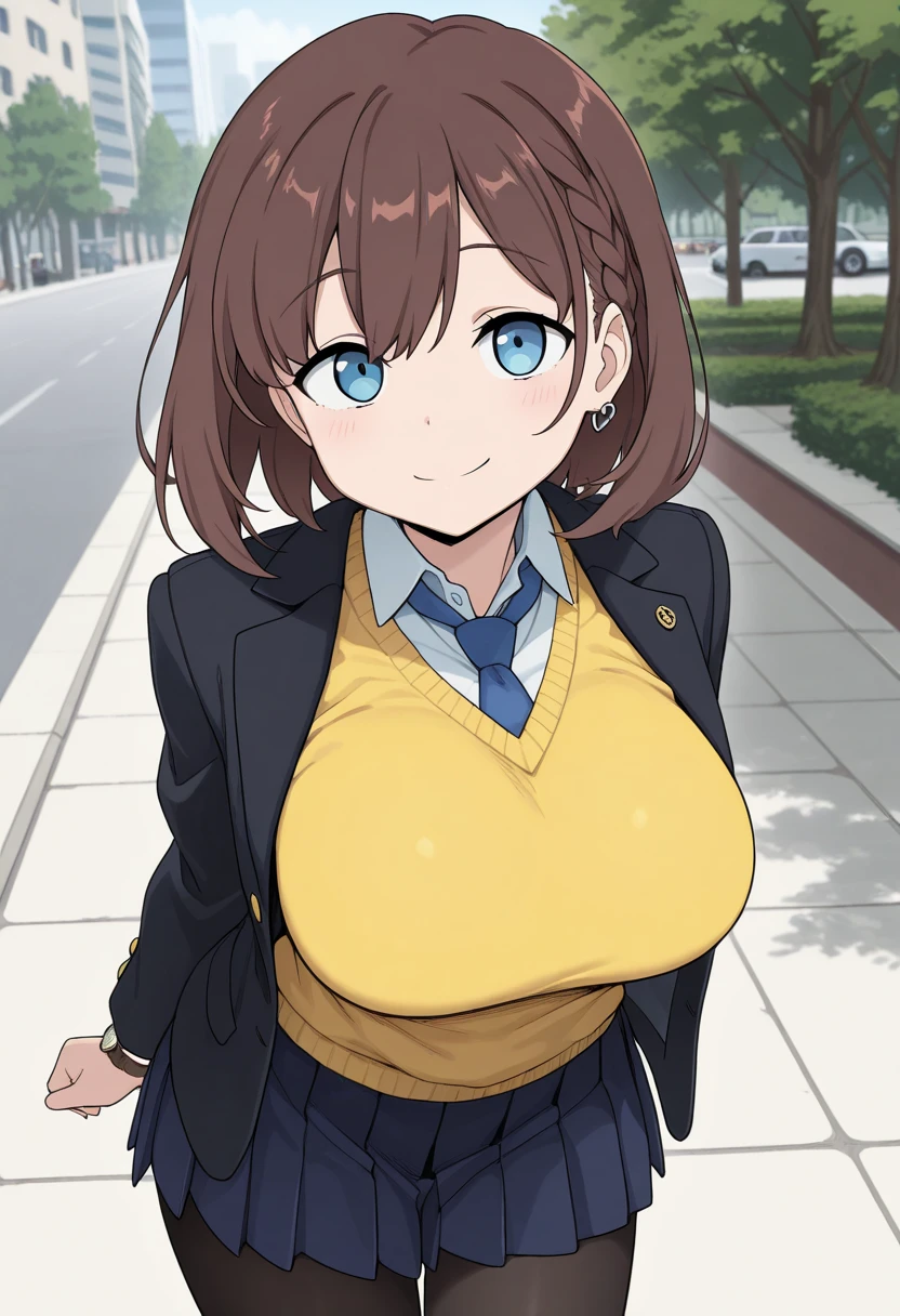 (Perfect body),Best Quality,(8K Portrait),(Official art)、NSFW、(((muscular)))、(Police Hat)、embarrassed from、1girl in,(:D)、showing teeth、((thick thighs))、 ((Surprised))、(((blush))),(Sweat),((((large udder))))、(big butts)、(Dark hair),((bob cuts)),Short hair, (Yellow eyes),((Navy blue jacket))、((Navy blue leotard))、(Right-handed salute)、(Left hand on hip)、(((In the street)))