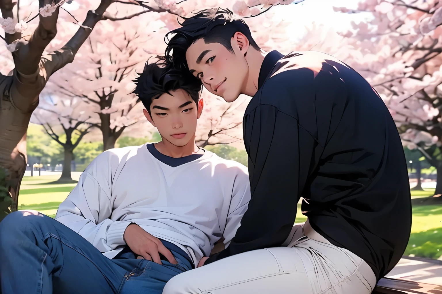 two Japanese men Two handsome guys very short black hair casual blue sky Cherry blossom trees in the background cherry blossoms in full bloom tight long pants Mega Bulge Long Sleeve Touch Two men smile touch the mokkori two men sit with their crotches open