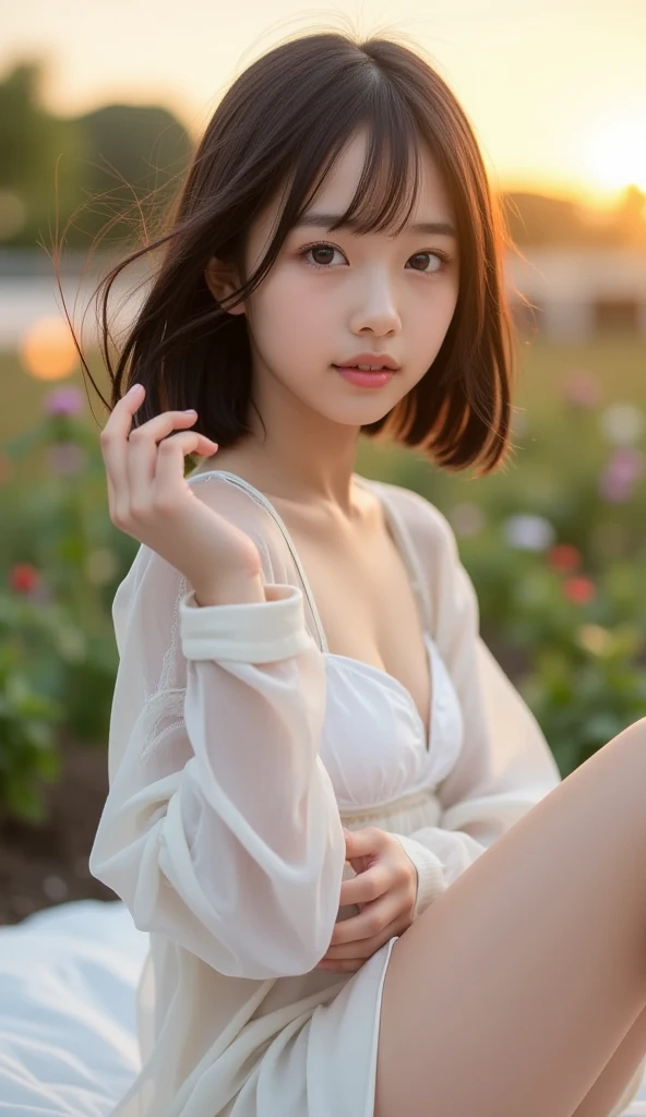 ((of the highest quality, 8K, masutepiece: 1.3, Raw photo)), Sharp Focus: 1.2, (1 AESPA Girl :1.1), Solo, (Realistic, Photorealistic: 1.37), (Face Focus: 1.1), Cute face, hyperdetailed face, (short messy hair: 1.2), Small Smile, Small breasts, flat chest, full nude, standing, holding a fruit, (chiffon camisole: 1.1), thigh, office room, flower