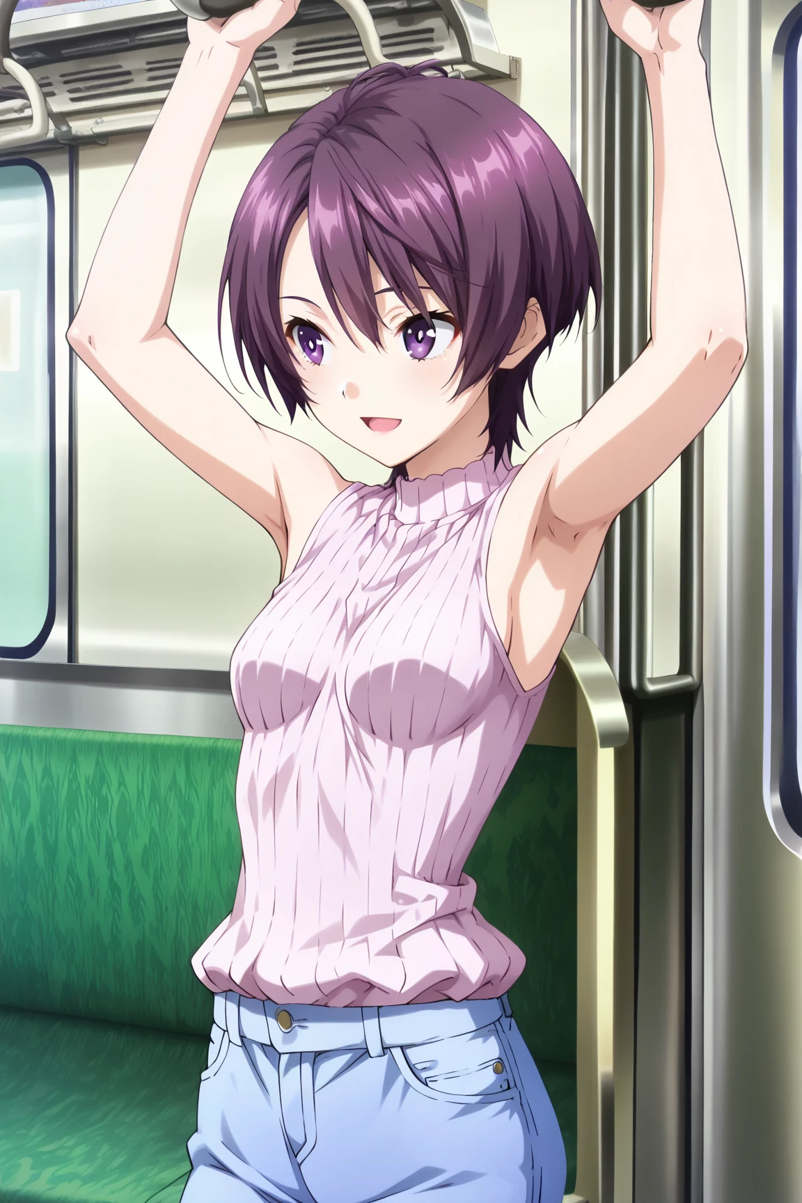 Anime screencap,digital art,in the train,from behind,looking away ...