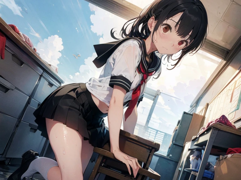 Married Woman Balcony Laundry Black Hair Black Mini Skirt White panties Leaning forward