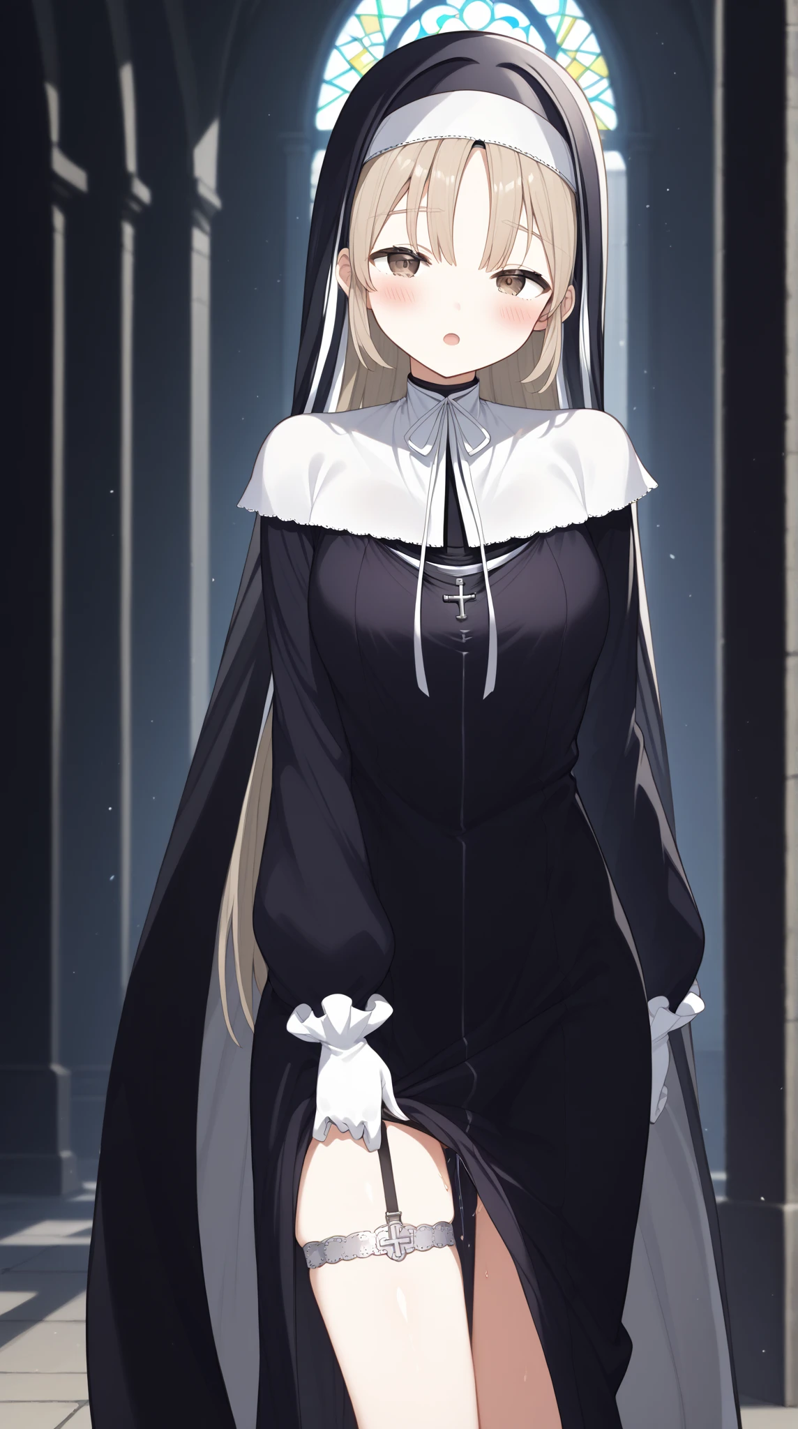 score_9, score_8_up, score_7_up,source_anime, high resolution images,masterpiece,best quality,girl,cute face,beautiful skin,good for shiny hair,super detailed eyes, Historical facts about Japan, embellished , sc1, long hair, brown eyes, light brown hair, Split Bang , nun, habit, capelets, white capelets, dress, black dress, gloves, white gloves, zipperlight brown eyes,black sock garter belt、イキ顔、 with Ritsuka Fujimaru、 at high tide、、no 、in ponyte's expression、blush、 lift up your skirt and show your female 、、ahe face、、 outside of streaks、