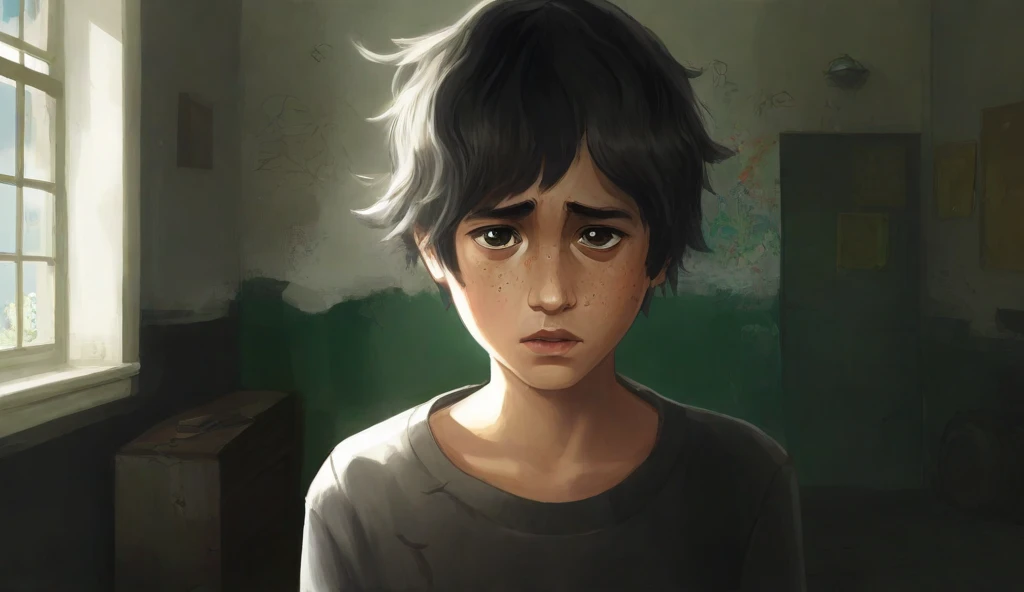 ecabello liso color verde, sta llorando, Male boy male 15 years old, Pelo verde masculino, 15-year-old Atletico cries, lagrimas en los ojos, sus manos estan sobre la cabeza,  toma de cuerpo entero