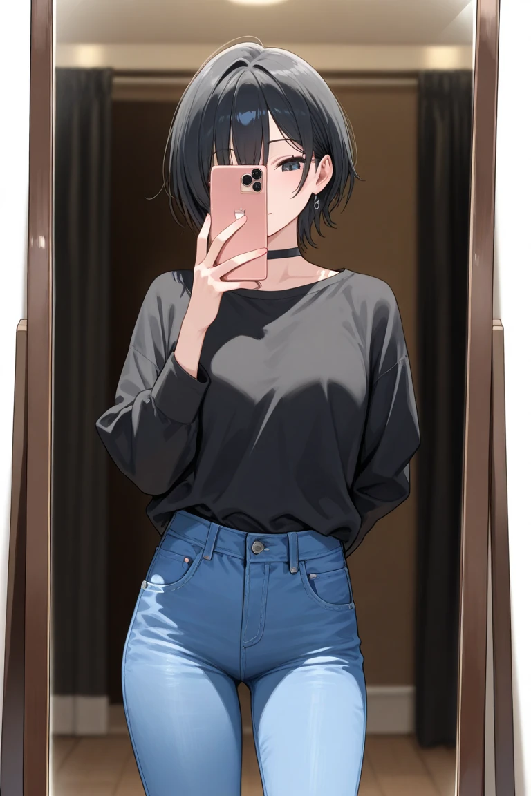 Girl, short hair, brown hair, brown eyes, cute girl, tank top, tight tank top, hotpants, selfie in the mirror