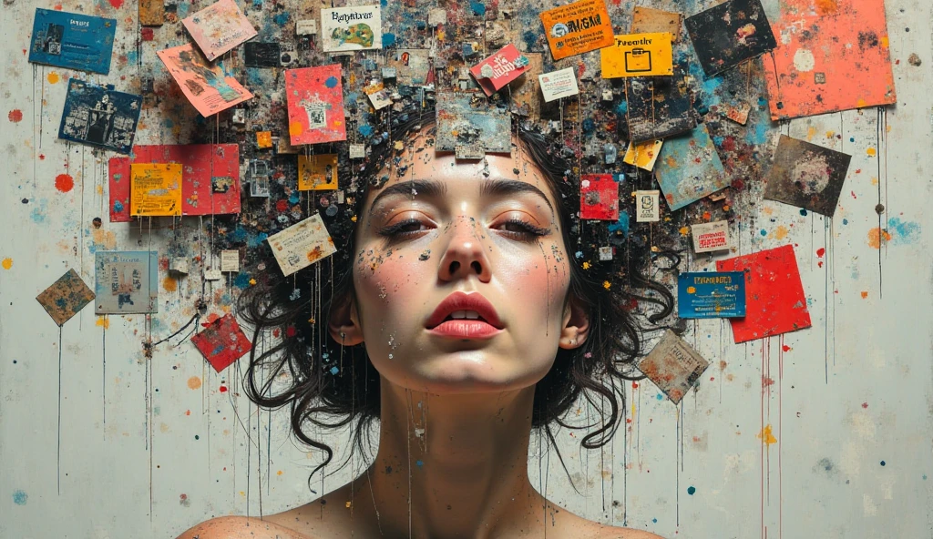 chaos collage, colorful, Various different things, like advertisements, signs, brochures, swirling around her head, she has a look of confusion, use diferente materials like metal, paper, journals.: digital art, smooth, collodion wet paint photo, oil painting, high definition, ruan jia, pascal blanche, stereoscopic 3D