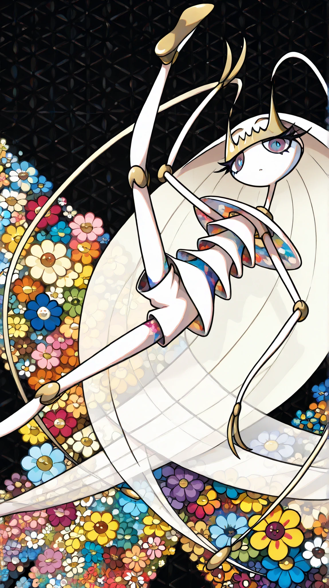 (in style of Takashi Murakami:1.0), beatiful face, feet,best quality,tonemapping, sharp focus, hyper detailed,(pheromosa),best quality,beautiful,pokemon,(2 fingers),(Clear eyes),solo,detaileds,8K,(slender:1.3),wallpaper,jumping kick,(Colorful flowers on black background:1.4), (pheromosa:1.0), intricate digital painting, highly intricate and colorful, dark but detailed digital art, Highly detailed symmetry, detailed digital artwork, Symmetrical intricate details, plethora of colors,colorful intricate masterpiece,(kaleidoscopic:1.1),(Geometric pattern background)、Sticker style,flower painted body, (cel anime:1.3)