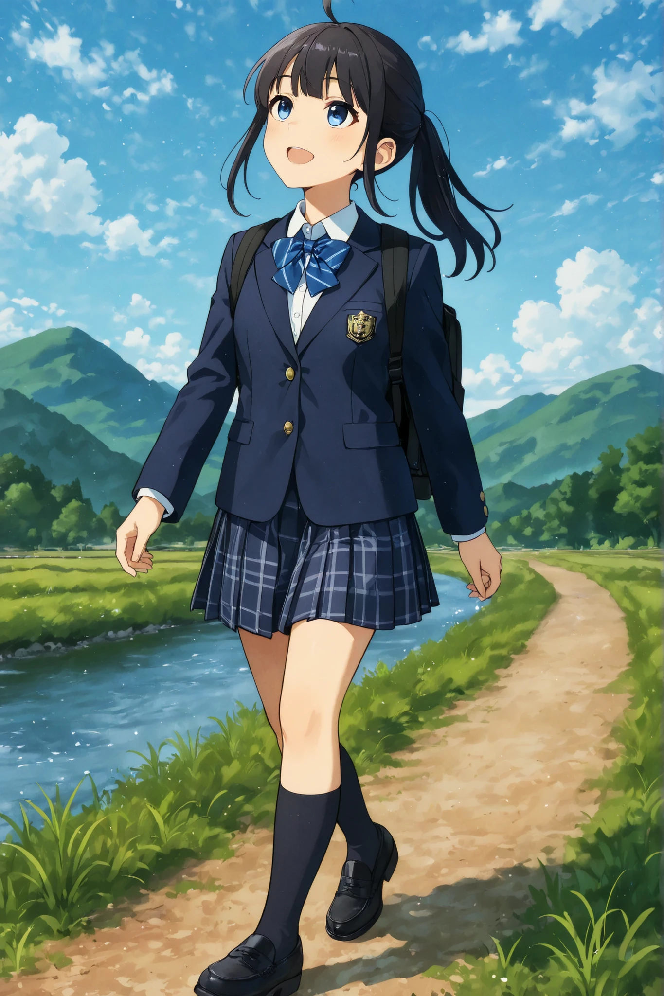 A 7-heads-tall, clean anime-style full-body illustration of a Japanese high school girl.
She is wearing a navy blue blazer with gold buttons and a school crest on the left chest, a white dress shirt, and a blue striped ribbon tie.
Her skirt is a pleated checkered pattern in shades of gray and ultramarine blue.
She also wears black knee-high socks and black loafers, and a black school backpack on her back.
Her hairstyle is straight black hair with full bangs, styled in a low ponytail with two frontal strands (ahoge-style side bangs) framing her face.
She is walking toward the viewer while looking up at the sky, with a lively and youthful expression.
The background is the natural landscape of the Managawa River and surrounding satoyama (里山) scenery, with green mountains, rice fields, and a gently winding riverside path under a bright blue sky with scattered clouds. The overall atmosphere is fresh, serene, and filled with a youthful sense of springtime.