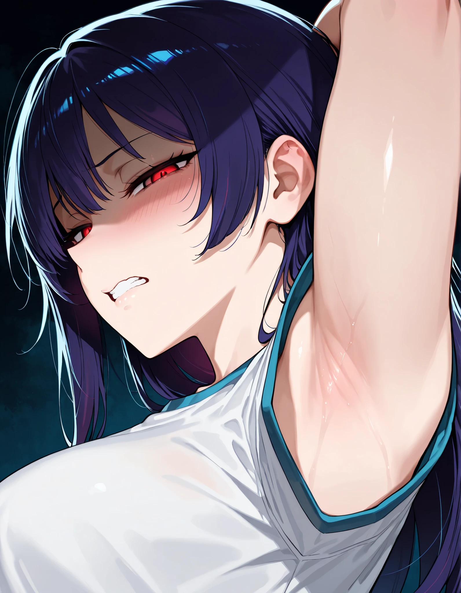 shaded face, ,blush, (narrowed eyes:1.4),\(troubled eyeblows:1.5\), disdaining , (dissapointed:1.1),(clenched teeth), look down at viewer, masterpiece,absurderes, beautiful detailed face,,looking at viewer, glare at viewer,
from side,show armpit from short sleeves,face closeup,