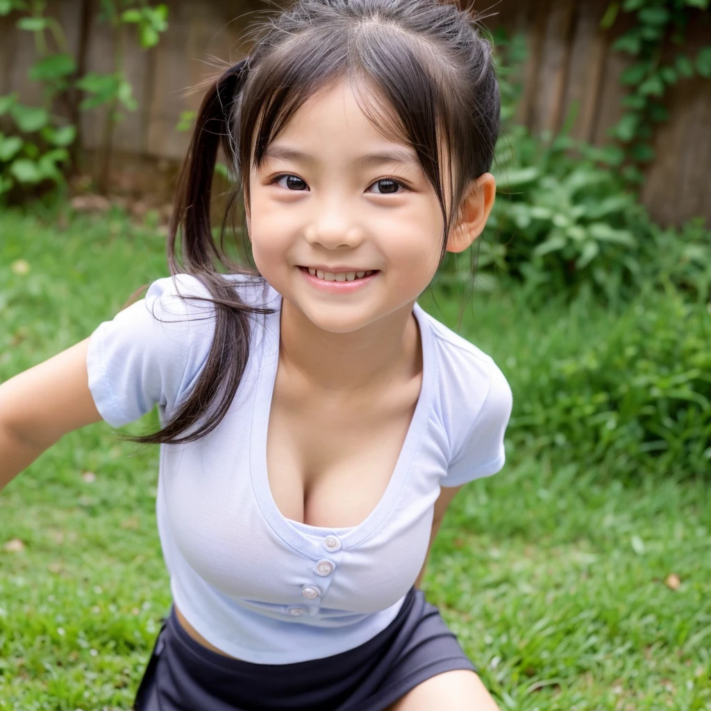 Asian cute girl, , a little kid, with T-shirt and short skirt, big breasts, baby face, tiny kid, tiny body, short arms, short legs, bending forward, exposing her cleavage, solo, smile, close up photo