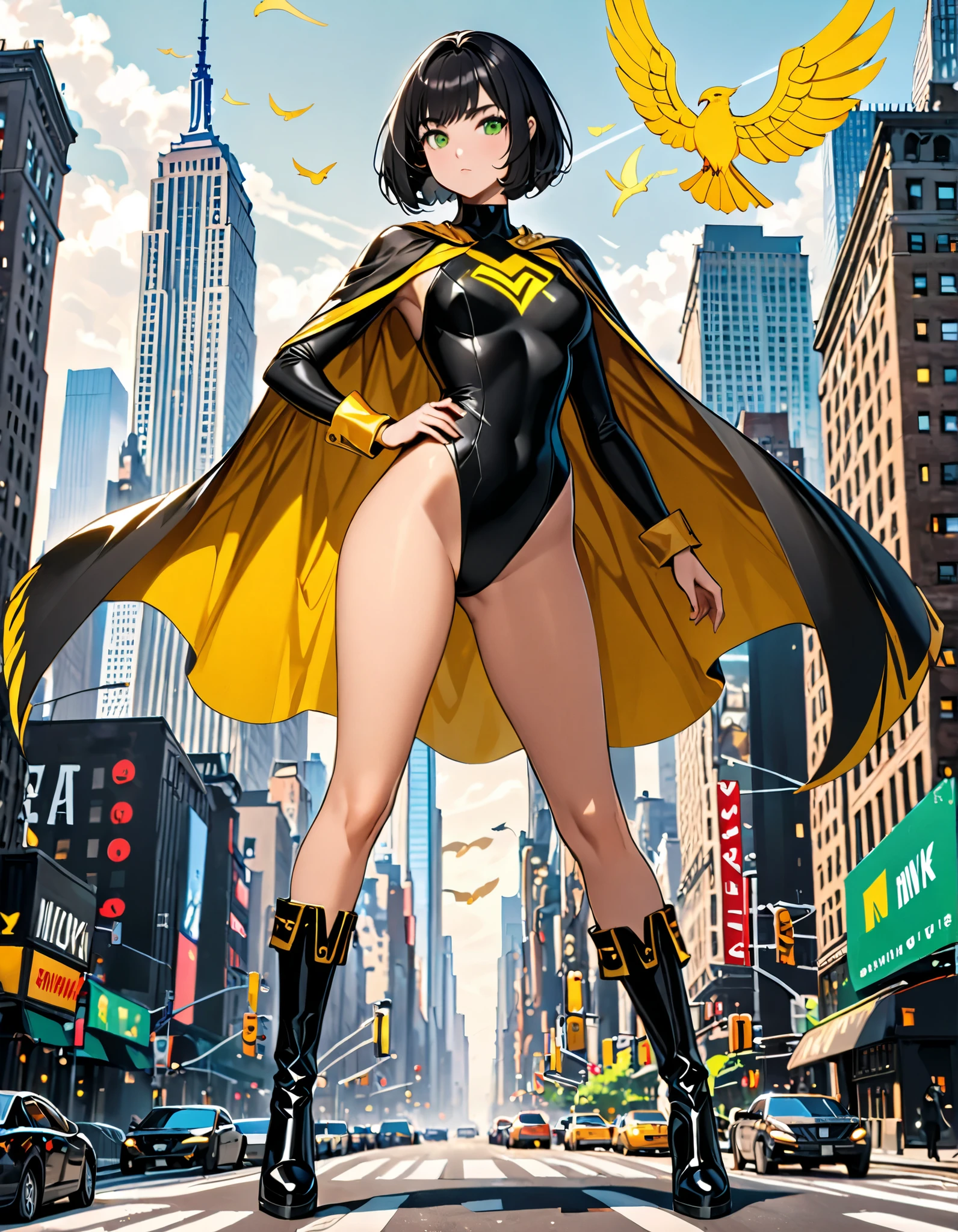 (masterpiece), (best quality), (high res), 1lady, tall body, beautiful detailed eyes, beautiful detailed face, perfect hands, complete fingers, perfect anatomy, perfect proportions, ((black hair, short hair, bob hair)), ((green eyes)), ((leotard, black leotard, matching leotard, bare legs)), ((boots, matching boots, knee-high boots, black boots)), breasts, medium breasts, (full body portrait), looking at viewer, solo, solo focus, standing, one hand on hip, cowboy shot, new york backdrop, (belt, tight belt), (black sleeves, yellow cuffs), (yellow hawk (symbol) on chest), (medium cape, jet black cape), full body costume design.