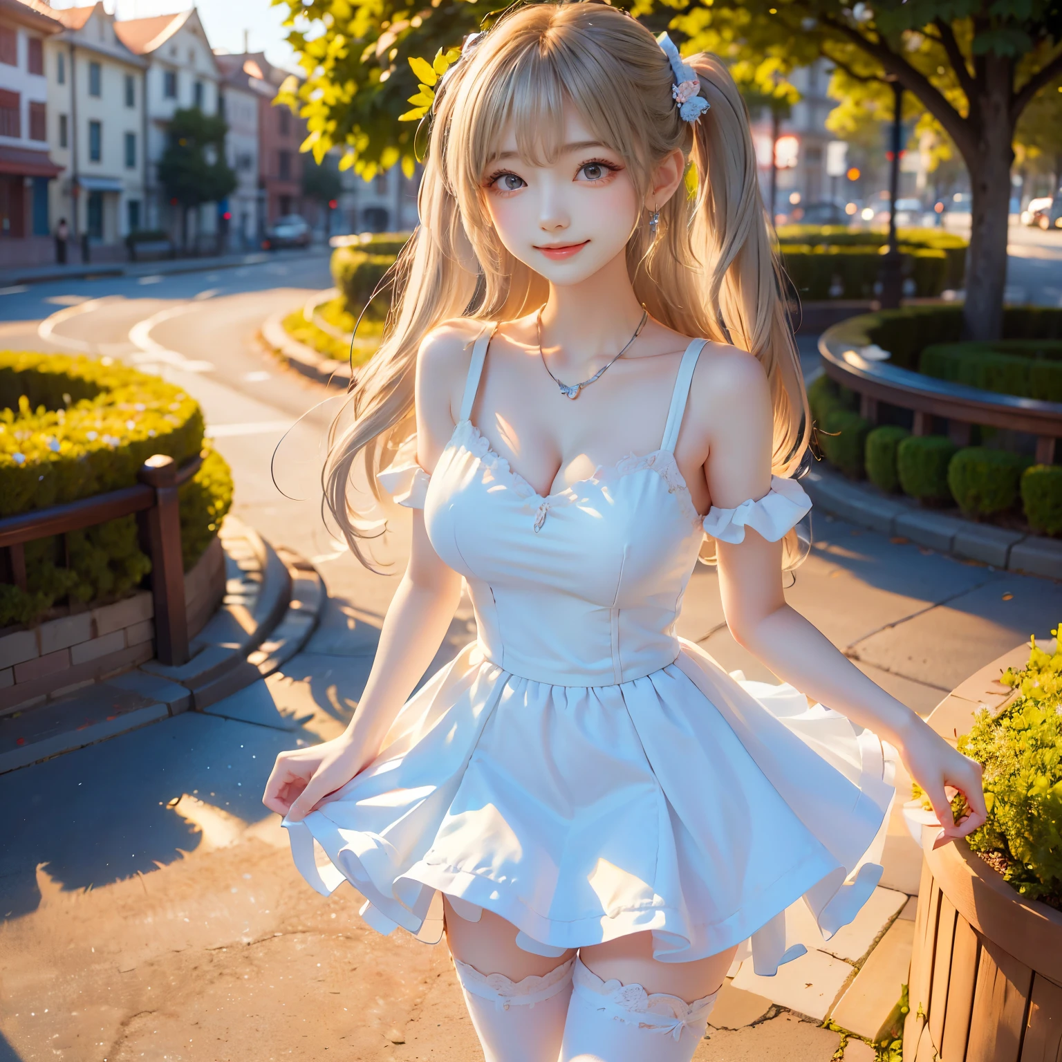 Graceful posture。Smart。Cute girl with bunny ears。Lively and cheerful,Pure white pure girl white gauze 。white stockings.Perfect body proportion。Beautiful body and perfect facial proportions 。Realistic forest。Soft sunlight shines on the lawn。