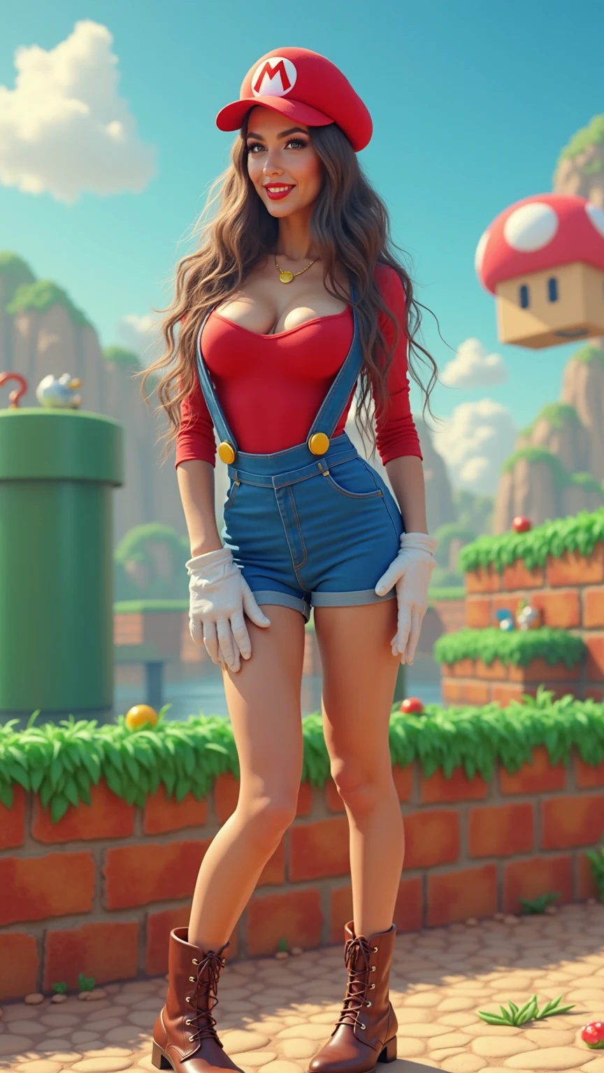 A stunning woman with shoulder-length straight black hair, vestida con un divertido disfraz de mario. He wears a red cap with a logo on it. "m", a red crop top, a blue jumpsuit with a strap down, white gloves and red boots. She is standing with a funny pose, a hand on the hip and a cheeky smile. El fondo muestra un mundo extravagante de mario con plataformas flotantes y potenciadores.