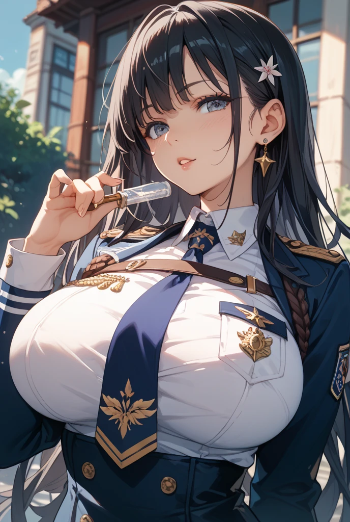 ((masterpiece,best quality)),((1girl)), (eyes),Black
hair,Long hair,(dark blue military uniform), (bare chest:1.5),((nipple)),(teat),Female soldier,((blue clothes:1.3)),((breast:1.4))(half naked),nude,
Exquisite clothes, sash, solo,serious,(sleeping), (lie down),((semen)) ((close up)),sex,semen,((dick1.5)),