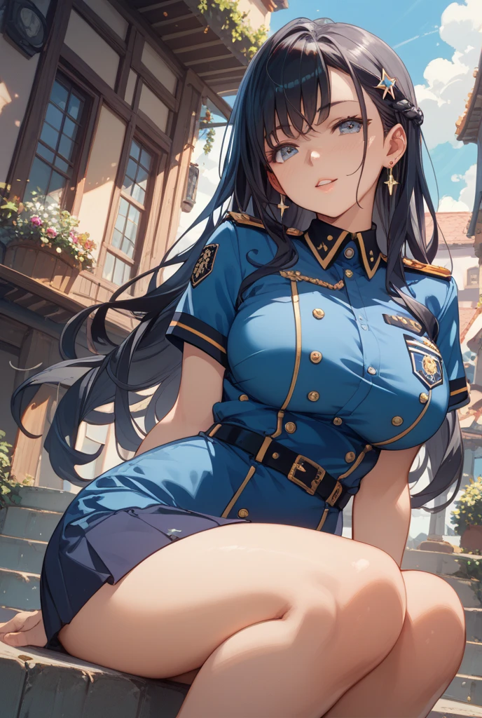 (mature european babe, mini skirt:1.2)、(blue police uniform:1.4)、police hat, (big breasts、winding:1.5)、black hair、city、random pose、(gentle smile:1.3)