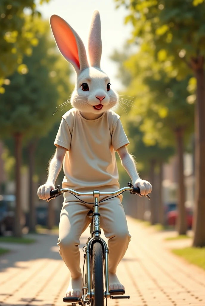 A tall, stylish white rabbit wearing a plain white t-shirt and long ...