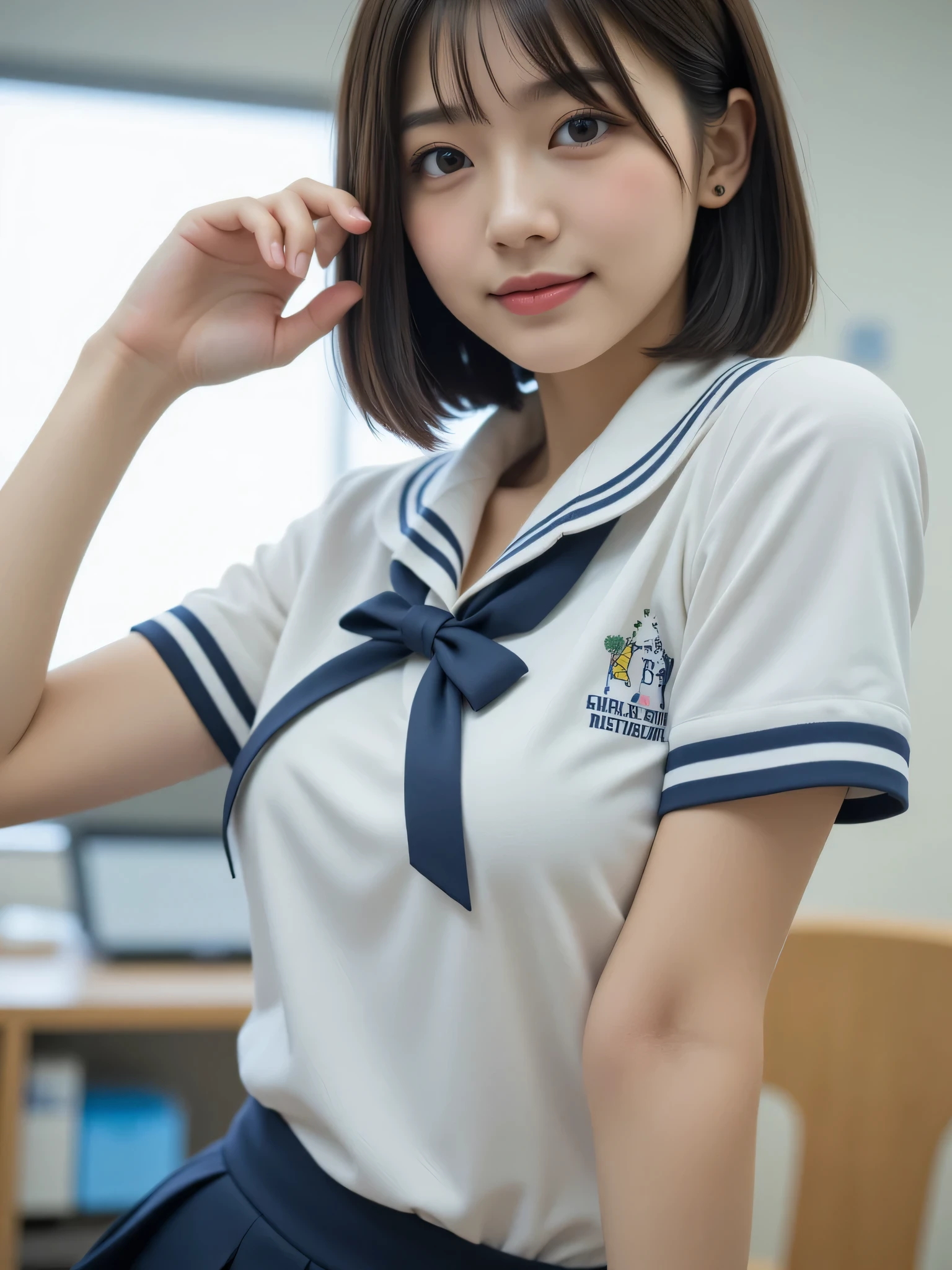 (school uniform:1.5), (photorealistic:1.4), (best quality:1.0), (ultra highres:1.0), 8k, RAW photo, (masterpiece:0.2), ultra-detailed, close short, 1girl, beautiful skin, detailed skin, looking at viewer, full body, (short hair:1), smile, (closed mouth:1)