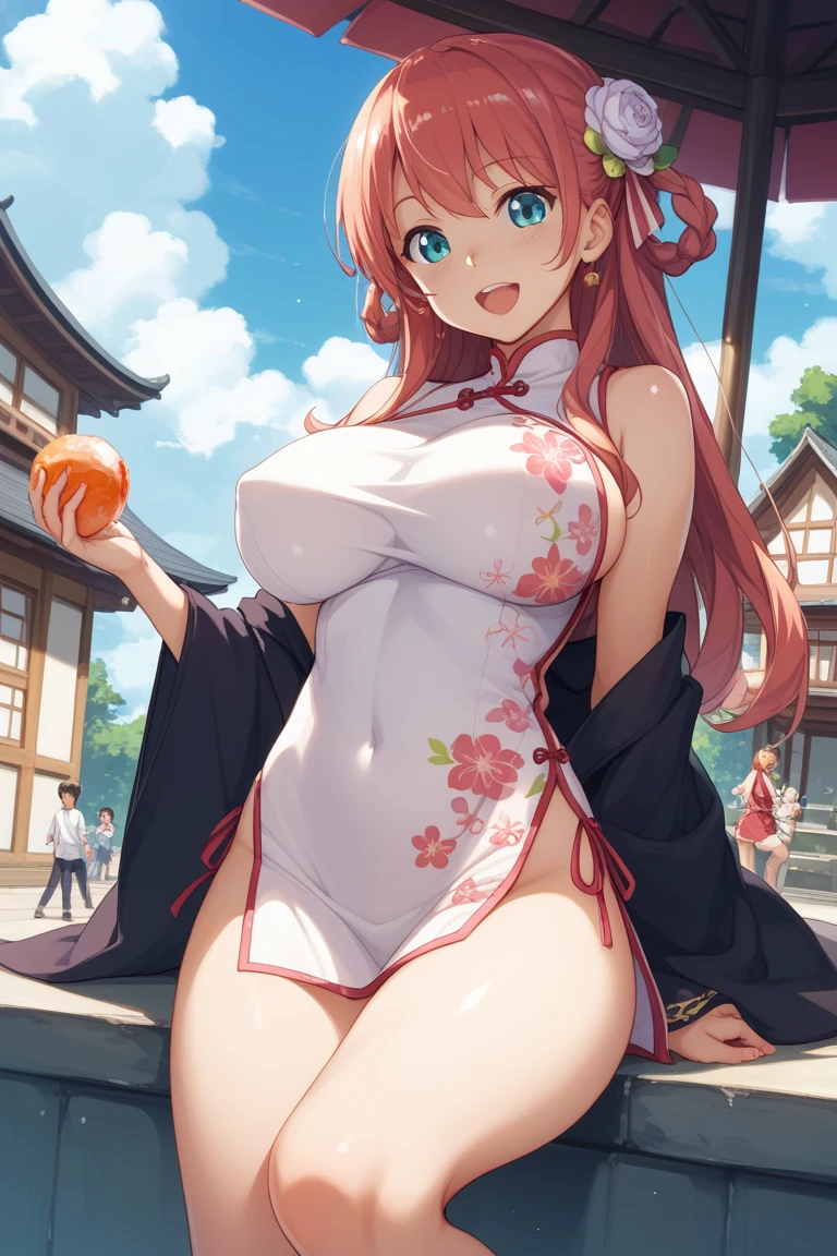 ultra-detailed, ((one girl)), (pale skin:1.4), in pastel colors gyaru, (heavy makeup), (professional lighting) hyper detailed, absurdres, 8K, Beautiful Face, (Laugh shyly), ((teasing smile:1.8)), ((Wink:1.7)), (Laugh with your mouth wide open),((Tilt your face:1.6)), View your viewers, ((Bright red cheeks:1.6)),Glossy Red Lips, ((Big Breasts:1.6)),  ((undressing:1.2)), noon, Shrine festival stalls, ((eat candied apple stick)), ((Anime style background)),masterpiece, Highest quality, so beautiful,Latest, Complex details, (Pink long nails), (nail art), (ring),(bracelet), (Floral Choker),AI-generated, Complex,High resolution, Highest quality, super high quality,3D Images、3D Images,One person,Pastel pink long hair,(High Ponytail), (wavy hair:1.3), Pastel anime woman posing for a photo, ((Fine grain、blue eyes、glowing eyes:1.4)), (Squint your eyes:1.1),a hyperRealistic , hyperRealistic , Realistic,Anime woman with long pastel pink hair, Smooth anime CG art, A girl in a gorgeous pastel-colored kimono, ((Pastel-colored furisode)),(Pink large floral pattern), (sideboob),  Long flower hair ornament,Floral Earrings, Mature Body, tall,Narrow waist,((from side)), ((leaning forward:1.2)),