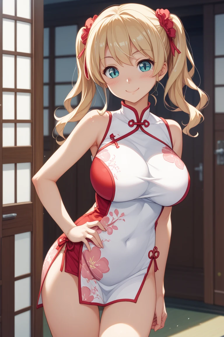 masterpiece,best quality,highres,ultra-detailed,sousou,twin drills,hair ornament,bare shoulders,china dress,chinese clothes,short dress,cleavage cutout,sideboob,thighs,
