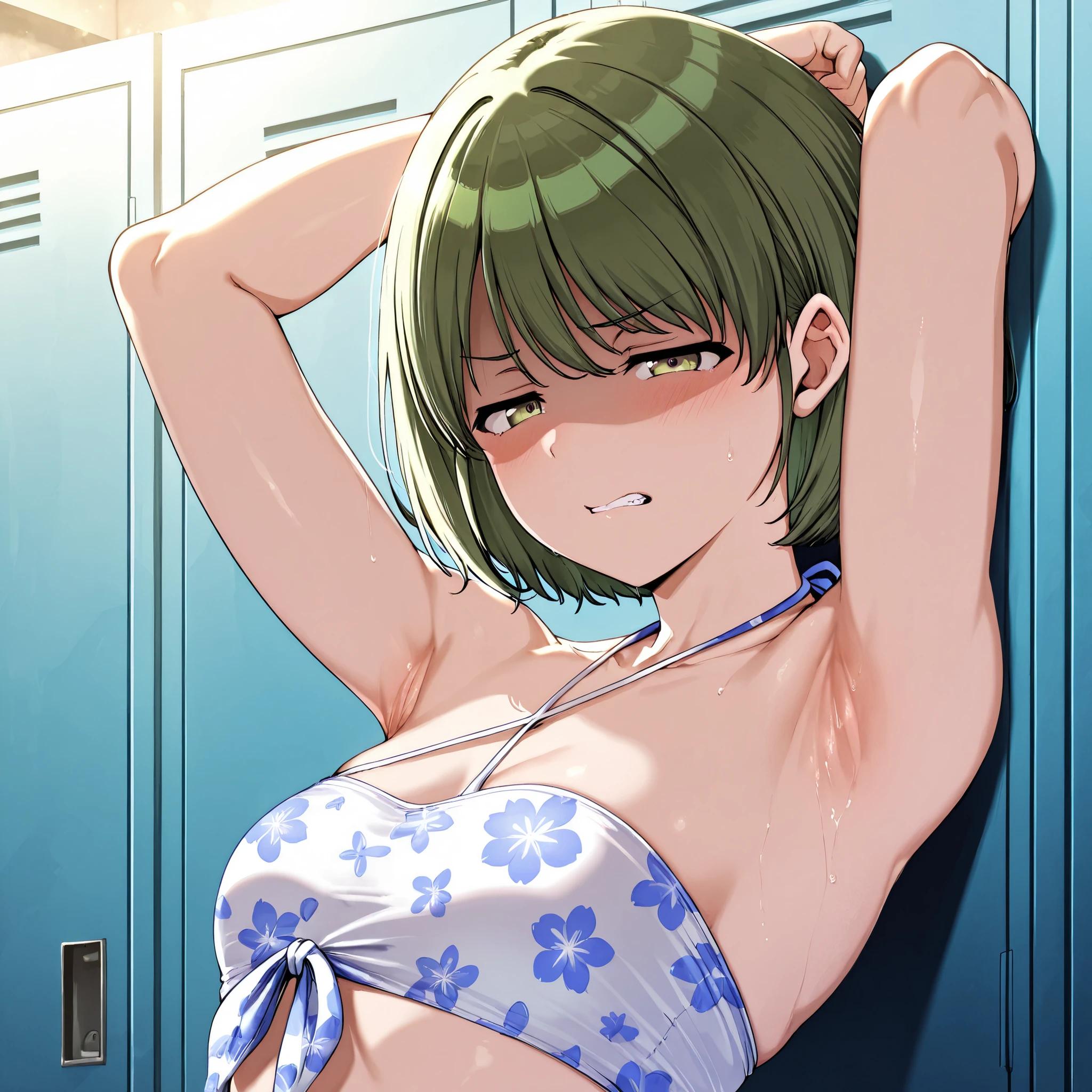 1girl,small breast, (straplkess), (bandeau bikinin:1.5), 
Nanakusa Nichika, green hair, short hair, green eyes,
swimsuit,halterneck,(white bikini),floral print,side-tie bikini bottom,front-tie top,

,BREAK, armpit, arm over head, left arm over head. focus on armpit,

shaded face, ,blush,  (narrowed eyes:1.4),\(troubled eyeblows:1.5\), disdaining , (dissapointed:1.1),(clenched teeth), look down at viewer,  masterpiece,absurderes, beautiful detailed face,

BREAK,  masterpiece,absurderes, beautiful detailed face,(masutepiece:1.2), Best Quality, High resolution, Unity 8k wallpaper, (Illustration:0.8), (Beautiful detailed eyes:1.6), extra detailed face, Perfect Lighting, extremely details CG, (Perfect hands, Perfect Anatomy)
,BREAK,Alp,

,looking at viewer, glare at viewer,
from side,show armpit from short sleeves,face closeup

((masutepiece,hight resolution)), masutepiece, Best Quality, , absurderes, Perfect Skin, Detailed skin texture, ultra-detailliert, 8K, Intricate details, beautifull detailed face,hight resolution, 1girl ,from front,

indoors,locker room
