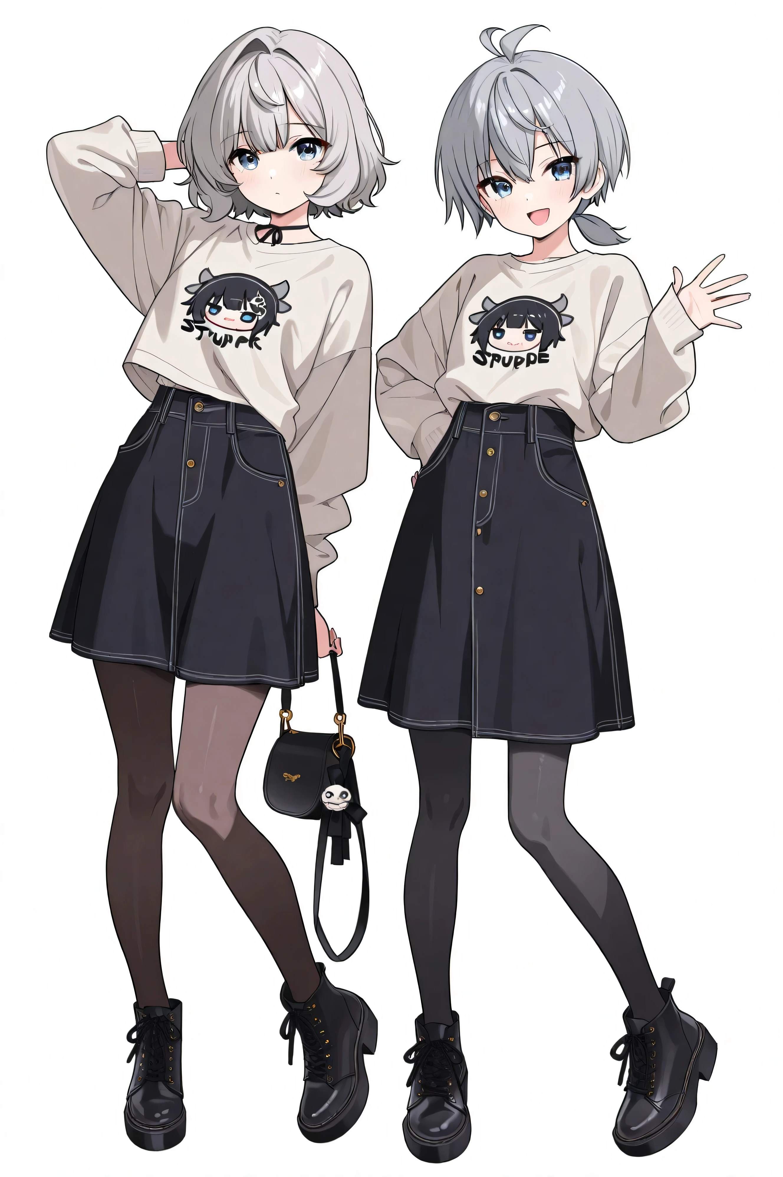 high resolution、High Quality、girl , Gray Hair、shortcut, low ponytail 、 stupid hair, black pantyhose 、casual rock fashion、white background 、full body