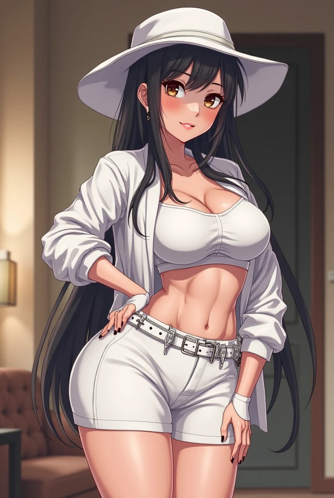 hinata from naruto, big breast big glutes, wearing white button up shirt and white jeans, cleavage