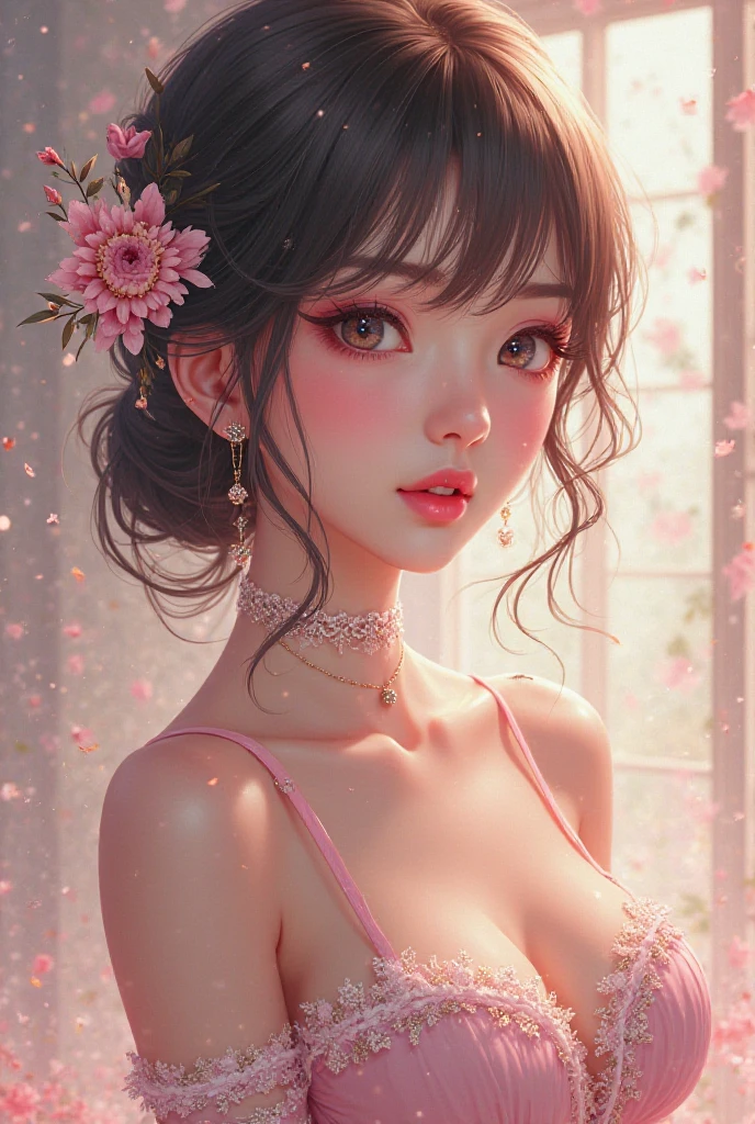 Convert your flower art into a hand-drawn illustration.、Create backgrounds with vibrant colors and unique touches The type of flower is statice、Gypsophila、sweet pea、Mix in some lace flowers, (arms down), portrait, face portrait, big breasts, cleavage,
