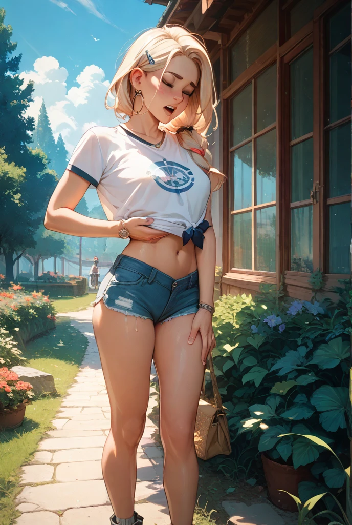 A woman wearing only a T-shirt, Realistic, 8K, masterpiece, perfect rendered face, sit, spread legs, fair skin, Shiny natural skin texture, puffynipple, Beautiful Face, grin, (artistic photography:0.9), (photorealistic artwork:0.8), (highly detailed:1.1), (wet with sweat:0.8), (Thick thighs:0.9), (puffy pussy lips:0.9), (braid:0.9), (Wearing nothing at bottom:1.2), (Not wearing underwear:1.1)																
