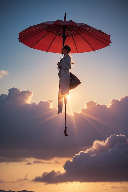 A girl floating in the air holding a large colorful umbrella, low angle view, blue sky background, (best quality,4k,8k,highres,masterpiece:1.2),ultra-detailed,(realistic,photorealistic,photo-realistic:1.37),fantasy,magical realism,dreamy,whimsical,vibrant colors,dramatic lighting,soft focus,cinematic,intricate details,stunning composition